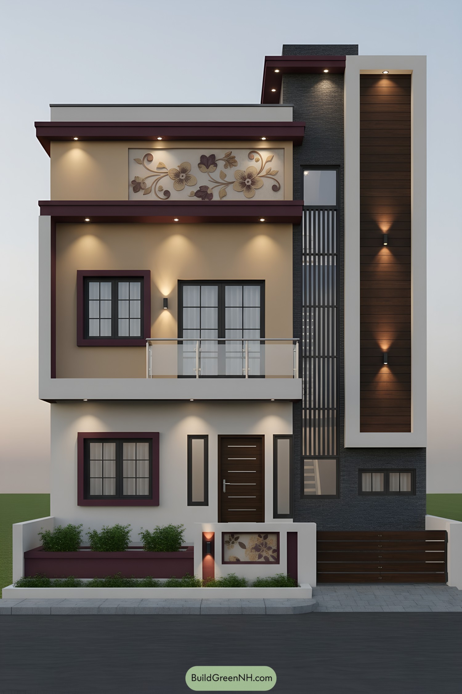 Two-story modern facade with burgundy trims, floral panel, and vertical wood-clad tower