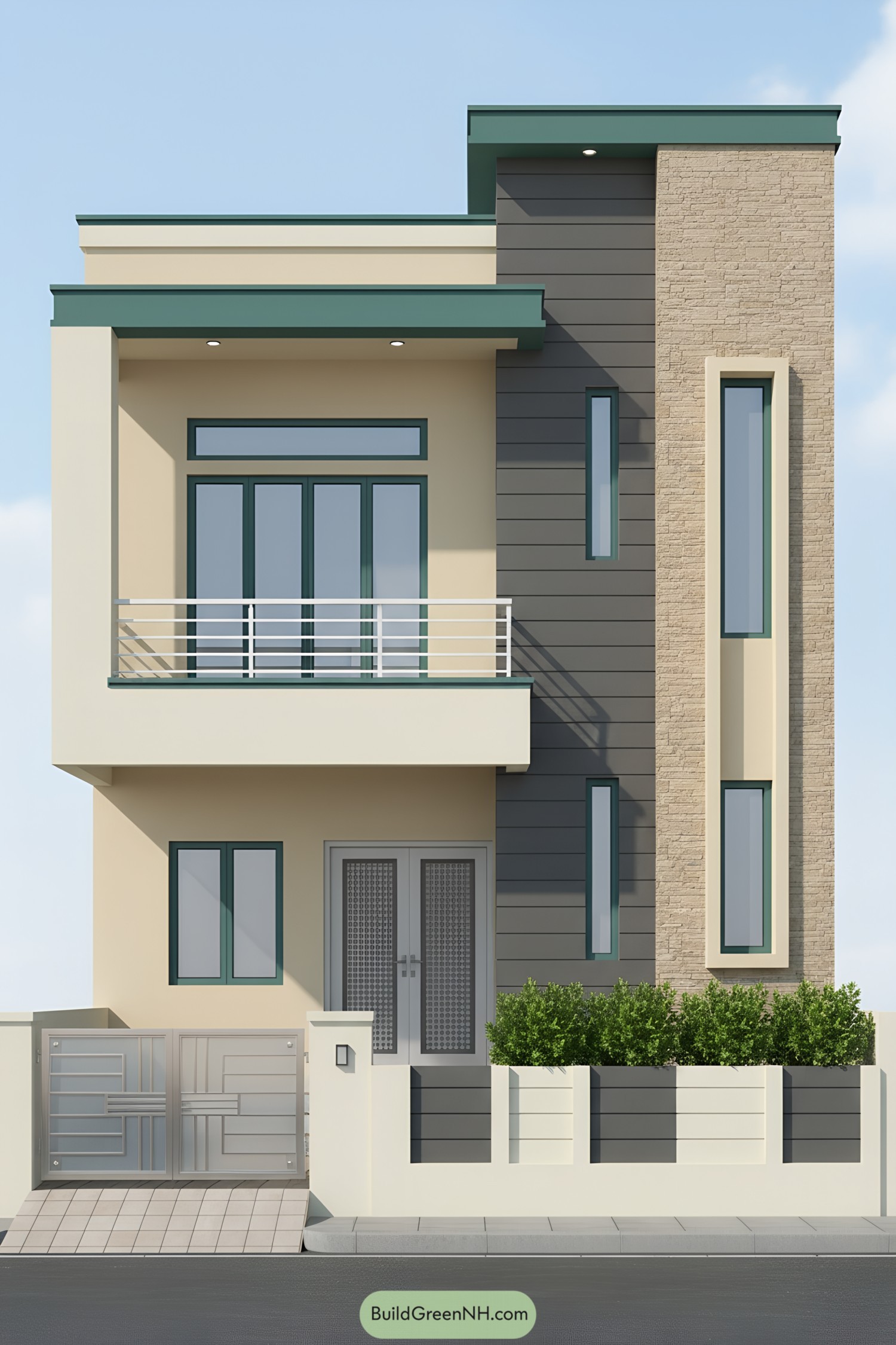 Modern two-story G1 house with teal trims, balcony, vertical windows, and mixed cladding