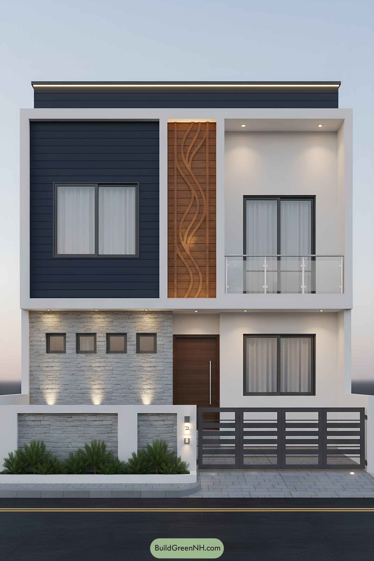 Modern two-story facade with dark cladding, stone base, and wood ribbon panel