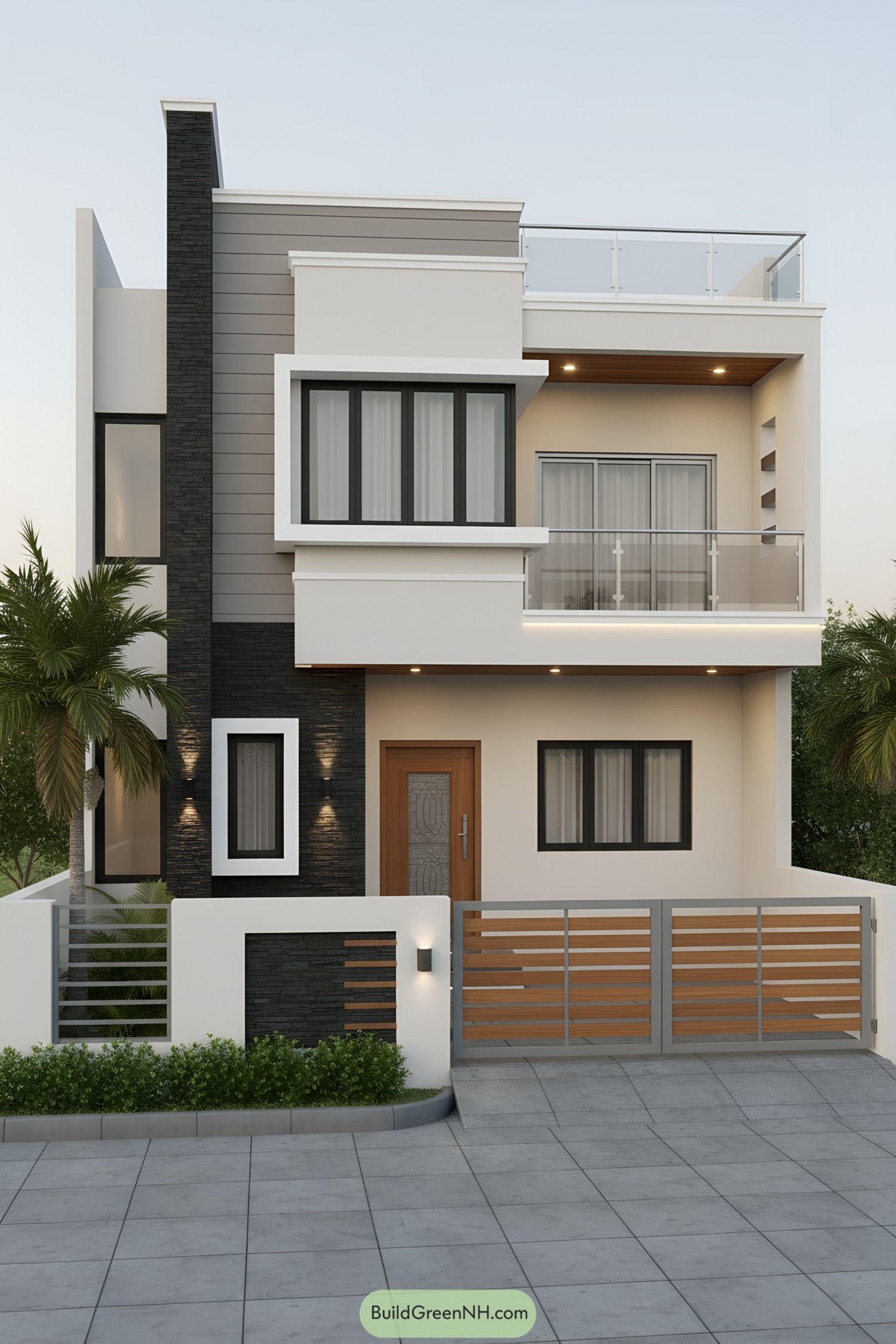 Modern two-story G1 house with balcony, glass railing, and layered volumes