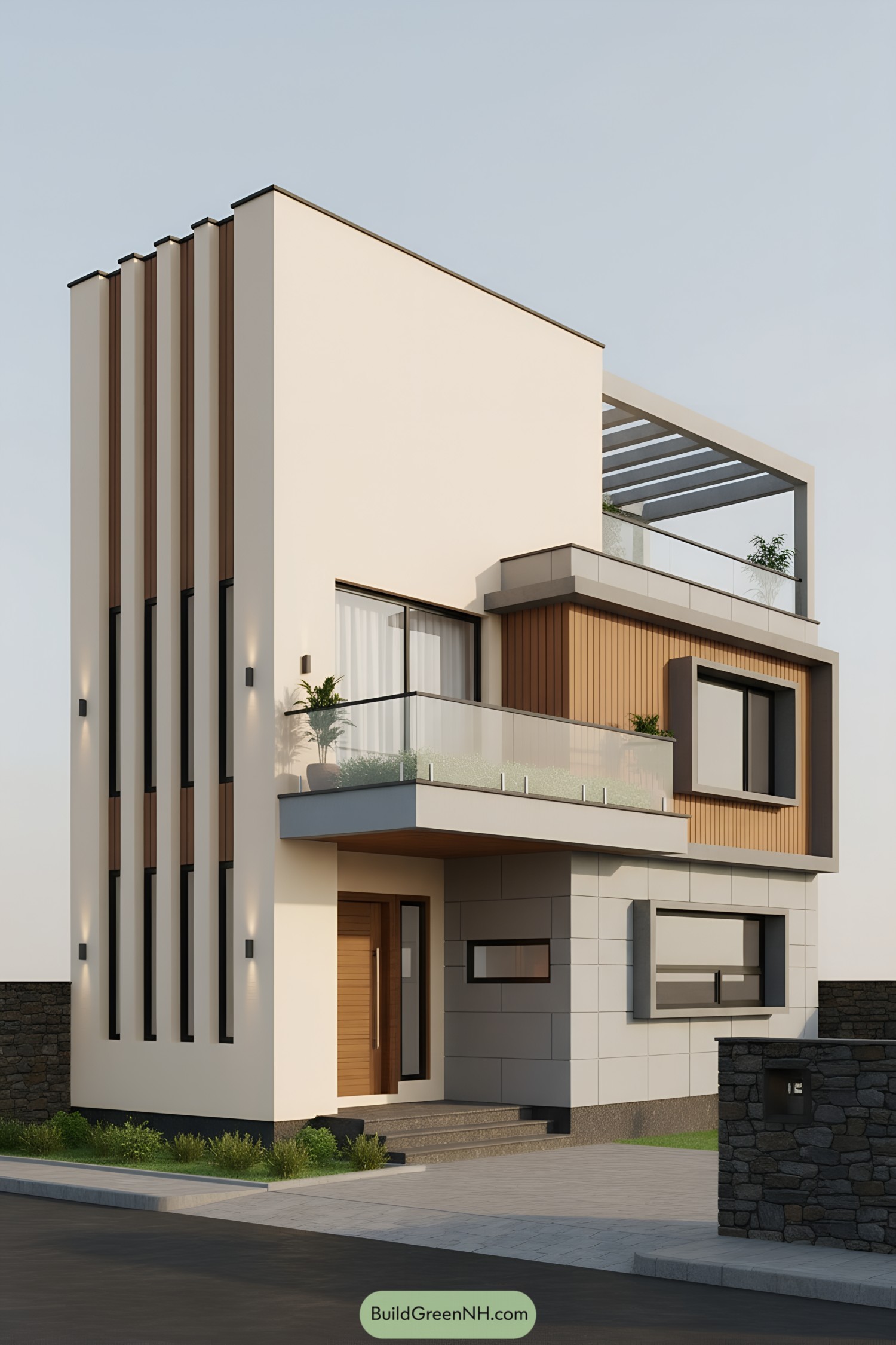 Modern three-story G1 house with layered terraces, glass balustrades, and timber accents
