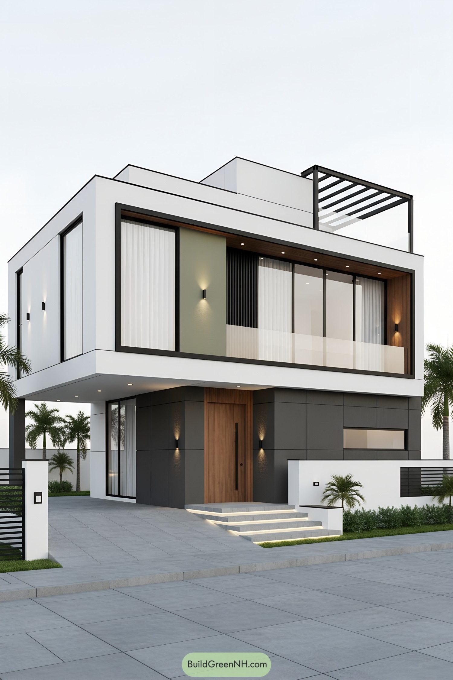 Modern cubic G1 house with black-and-white cladding, timber door, and upper balcony pergola