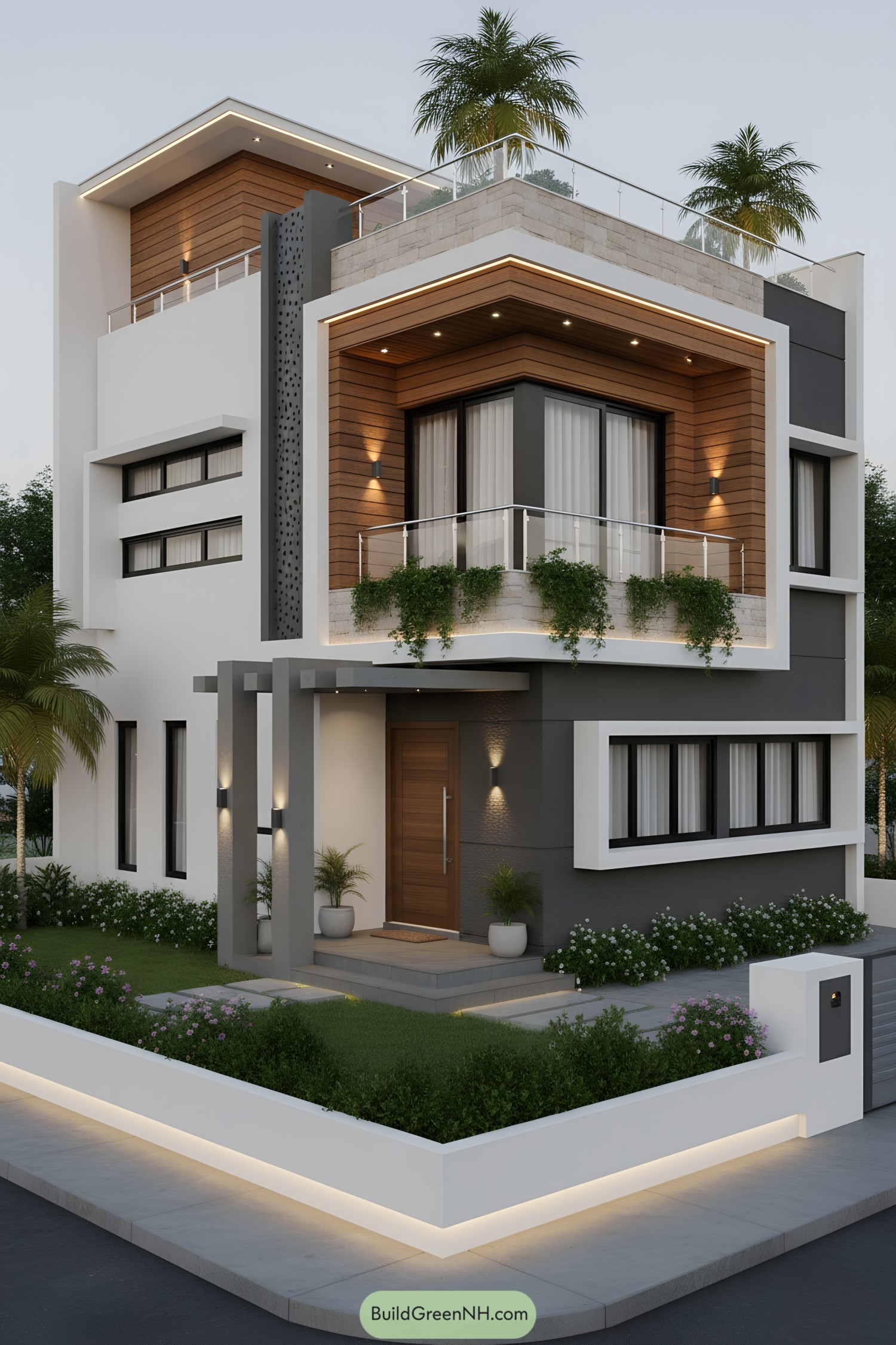 Modern cubic house with timber accents and glass railings