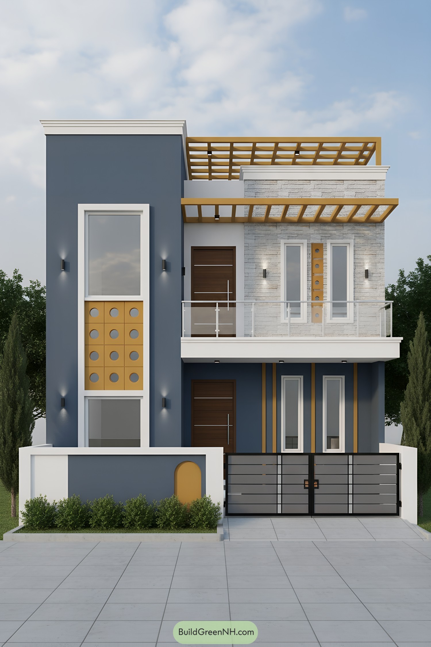Two-story modern house with blue-gray walls, mustard accents, and pergola
