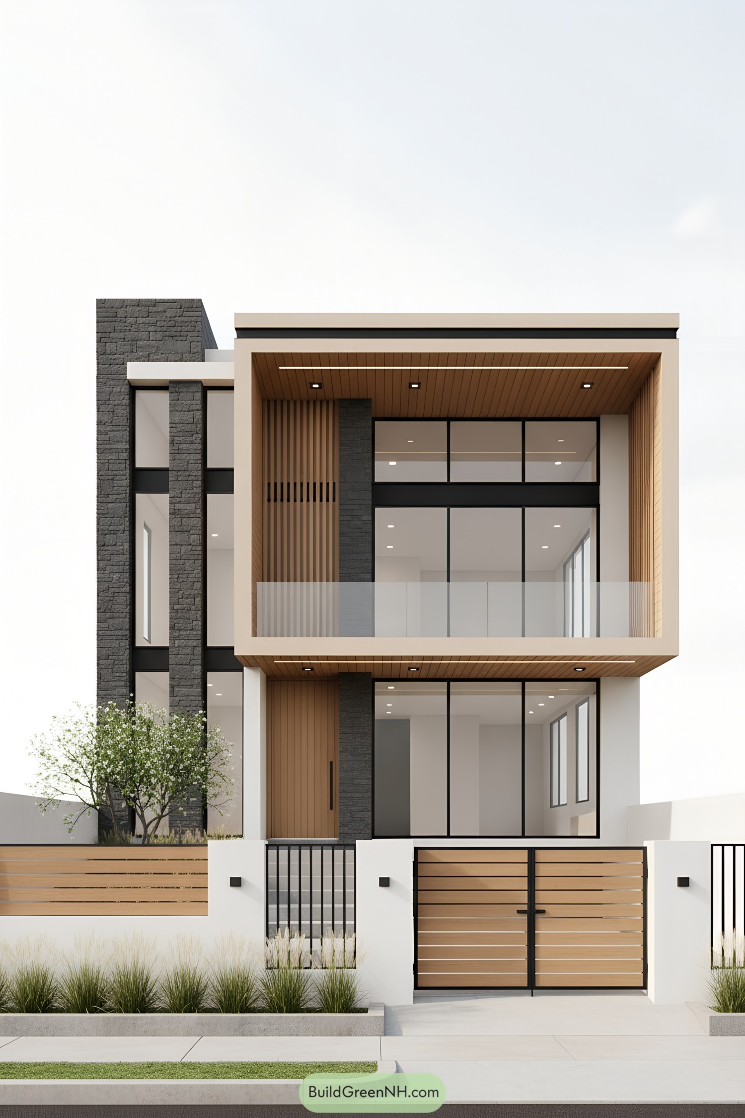 Modern boxy G1 home with timber and stone accents