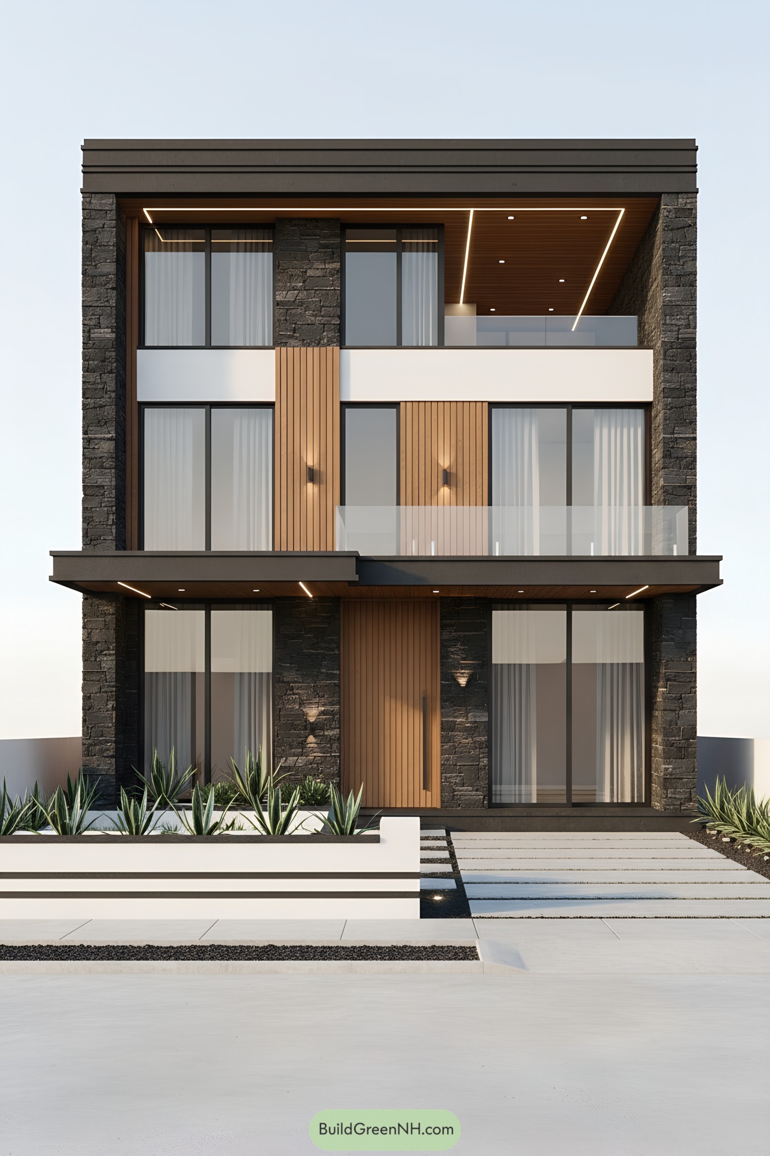 Modern g1 facade with stone, timber, glass