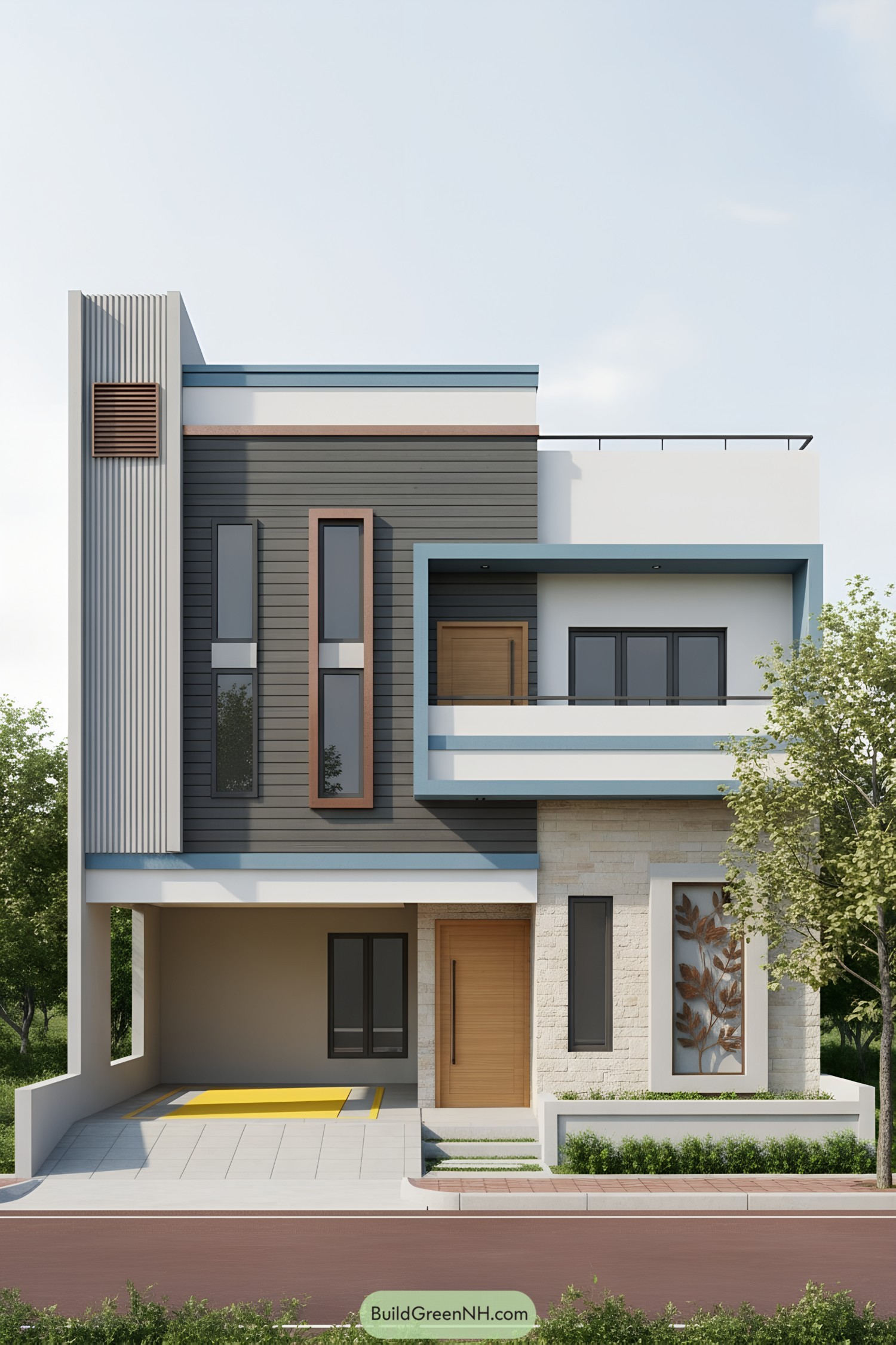 Modern two-story façade with mixed cladding and boxed balcony