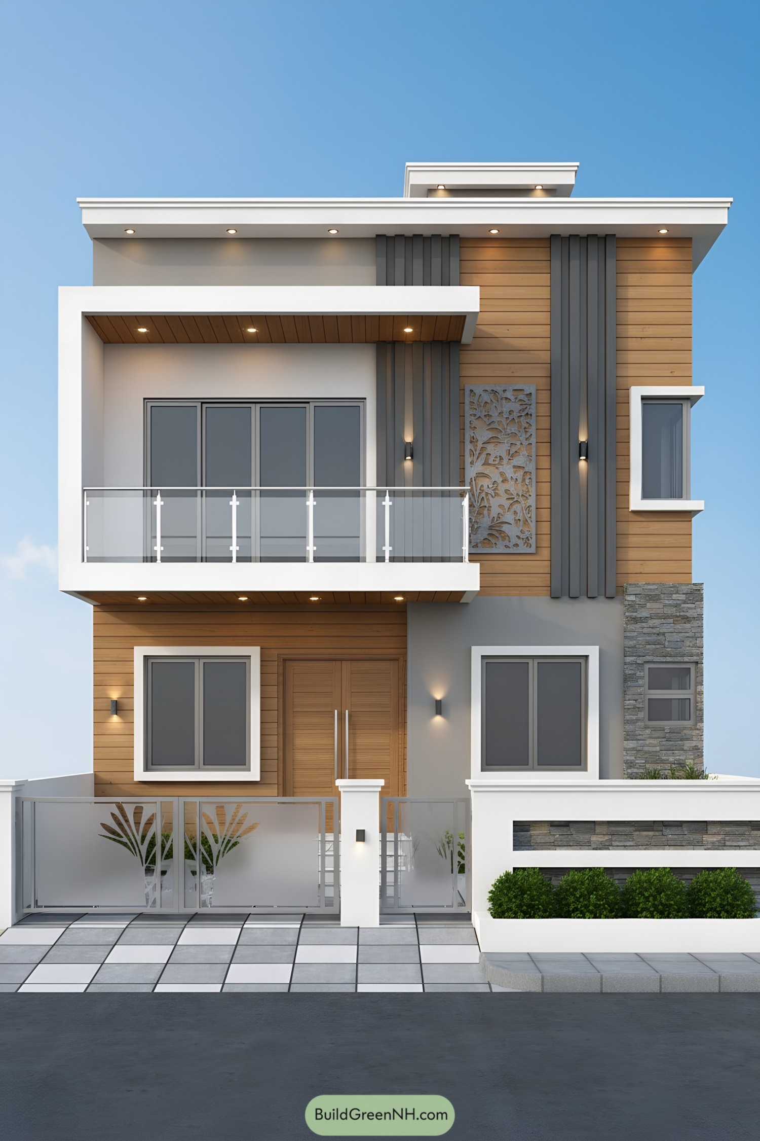 Two-story modern facade with warm timber cladding, white frames, and charcoal fins