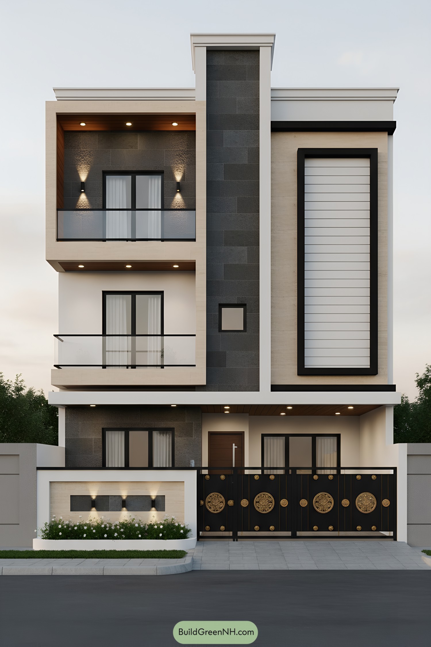 Modern three-story G1 facade with boxed balconies, slate cladding, and ornate black gate