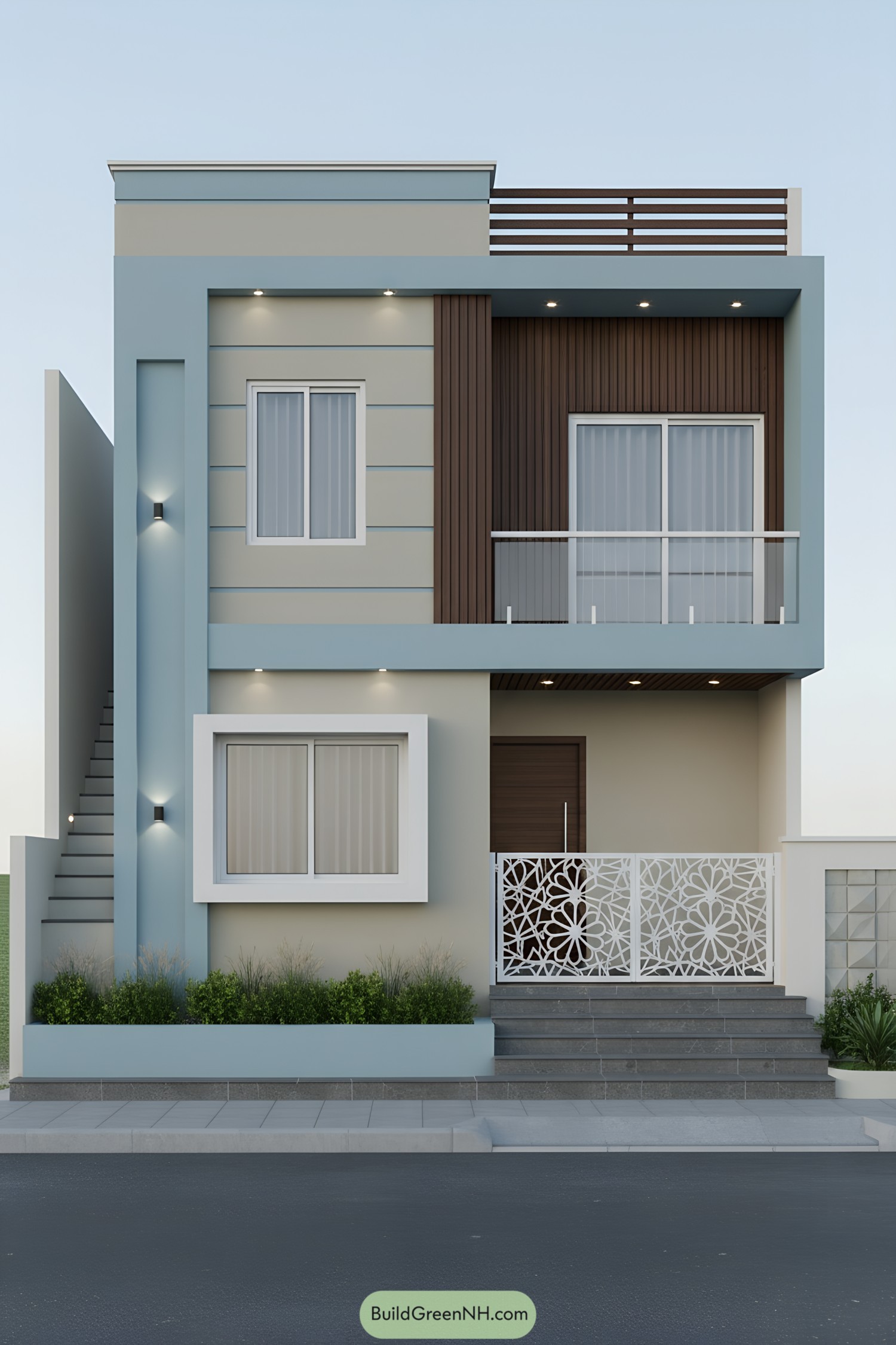 Contemporary two-story G1 elevation with blue trim and wood accents