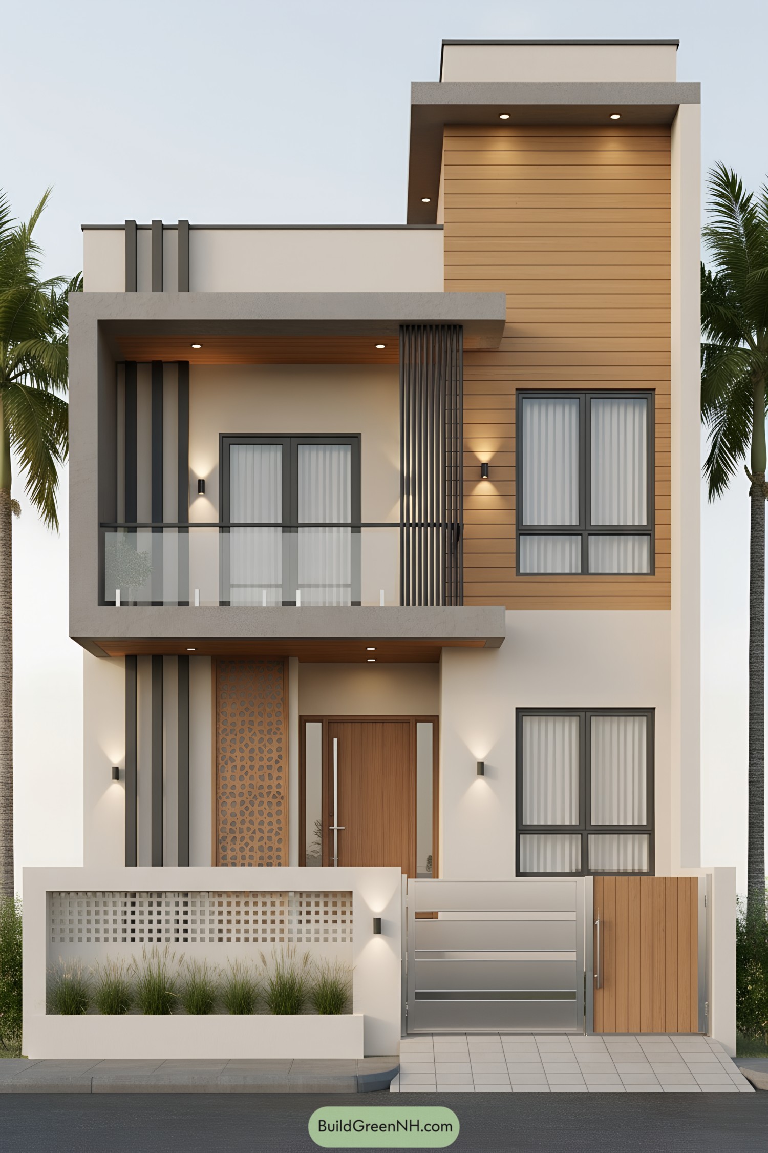 Modern two-story G1 house with wood cladding, glass balcony, and sleek metal accents