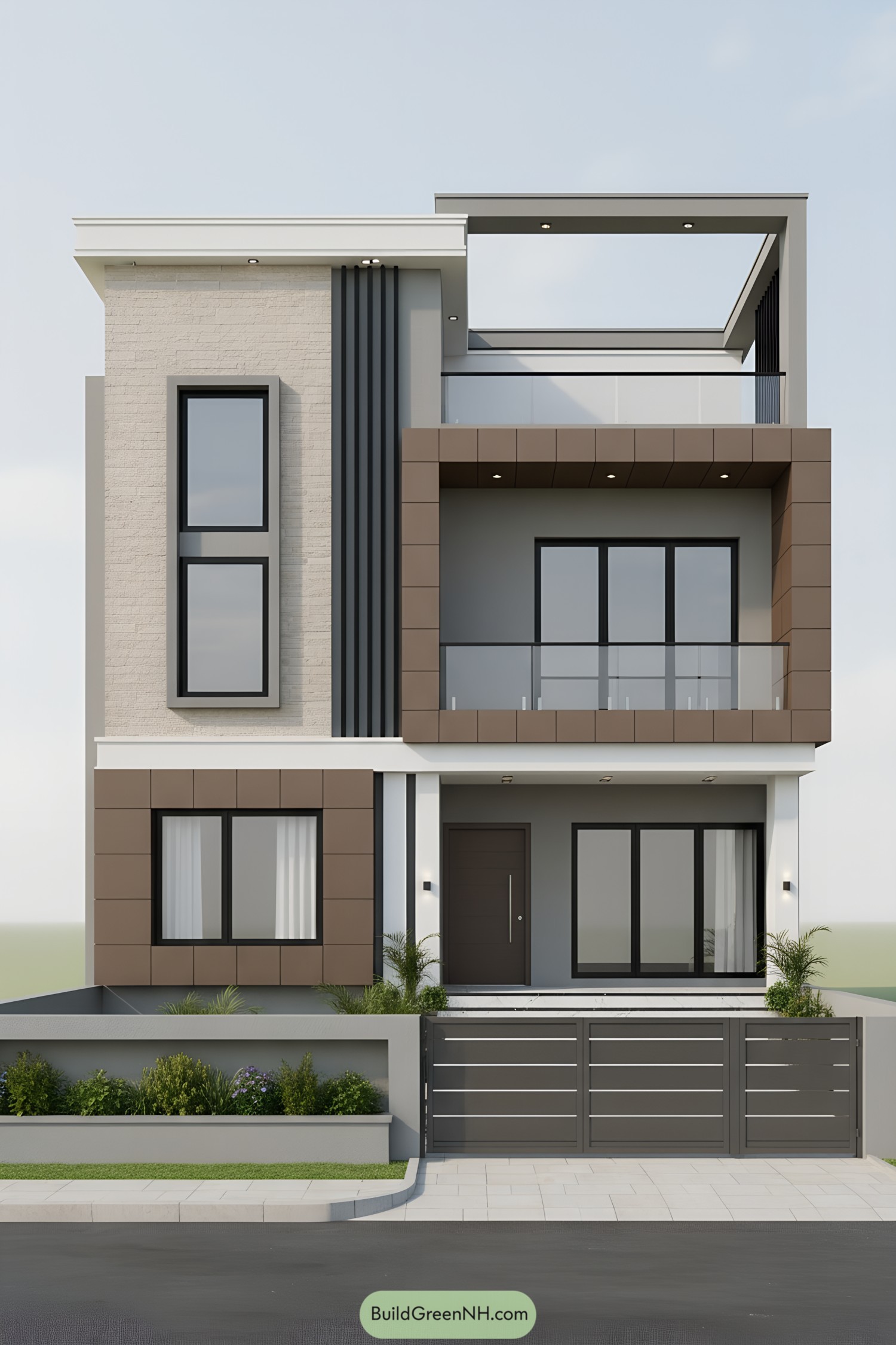 Modern three-story G1 house with boxed balconies, brown cladding, and large black-framed windows