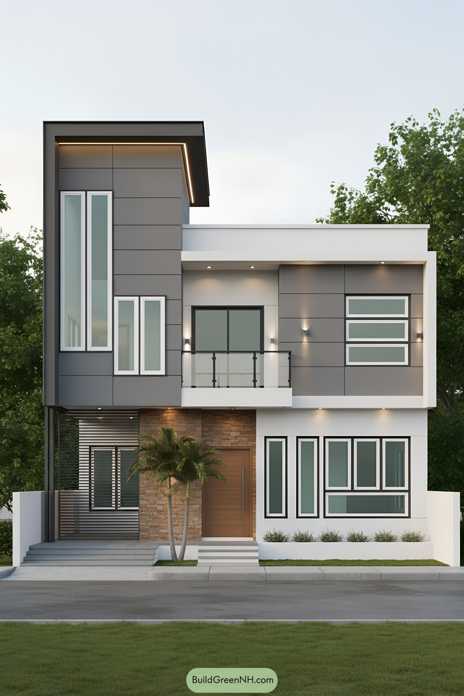 Modern two-story facade with asymmetrical massing, gray cladding, white frames, and stacked stone accent