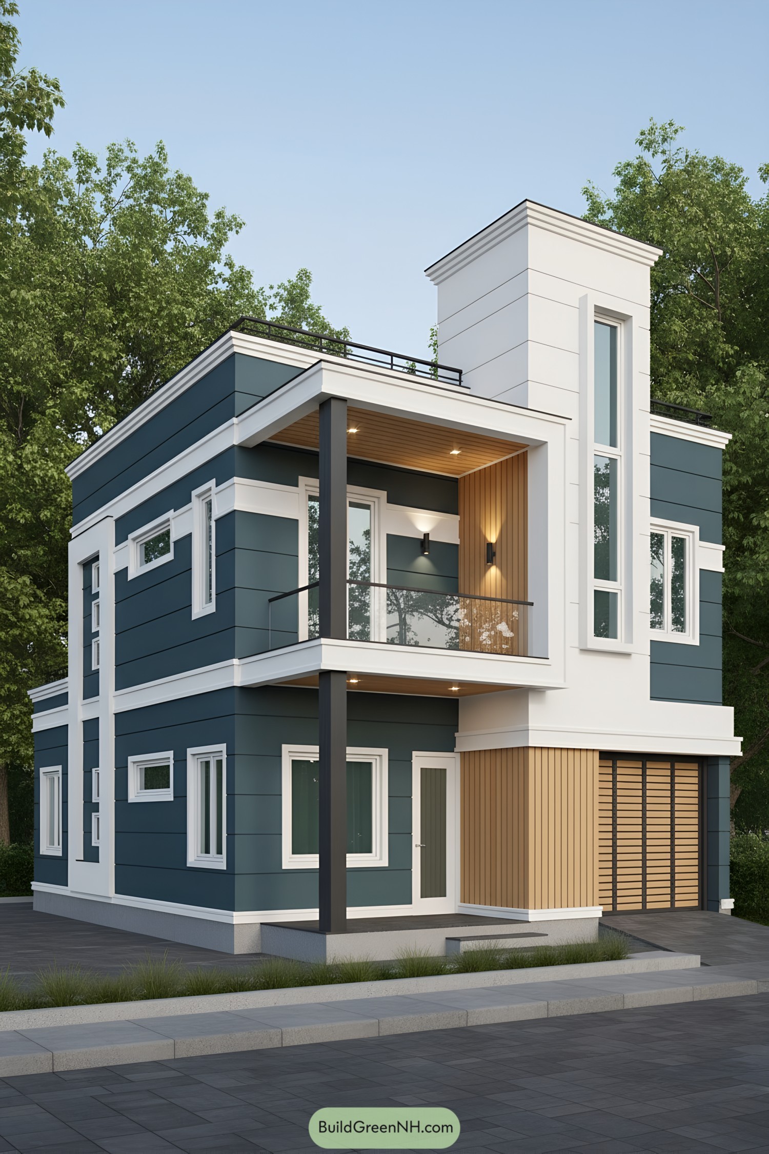 Modern two-story facade with teal cladding, white trim, and vertical timber accents