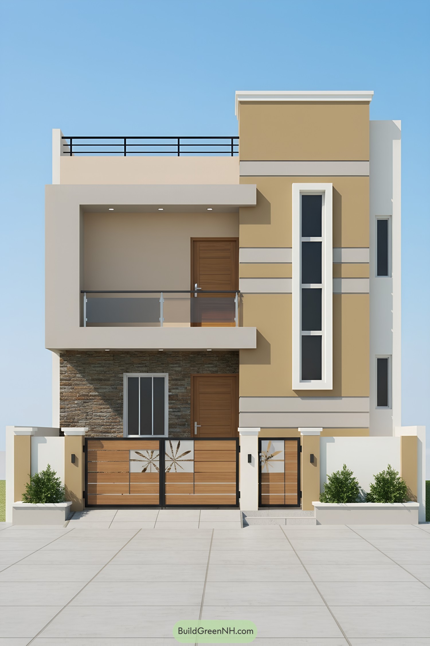 Two-story modern G1 house with tan and cream facade, vertical window strip, and glass-railed balcony above a stone-clad base