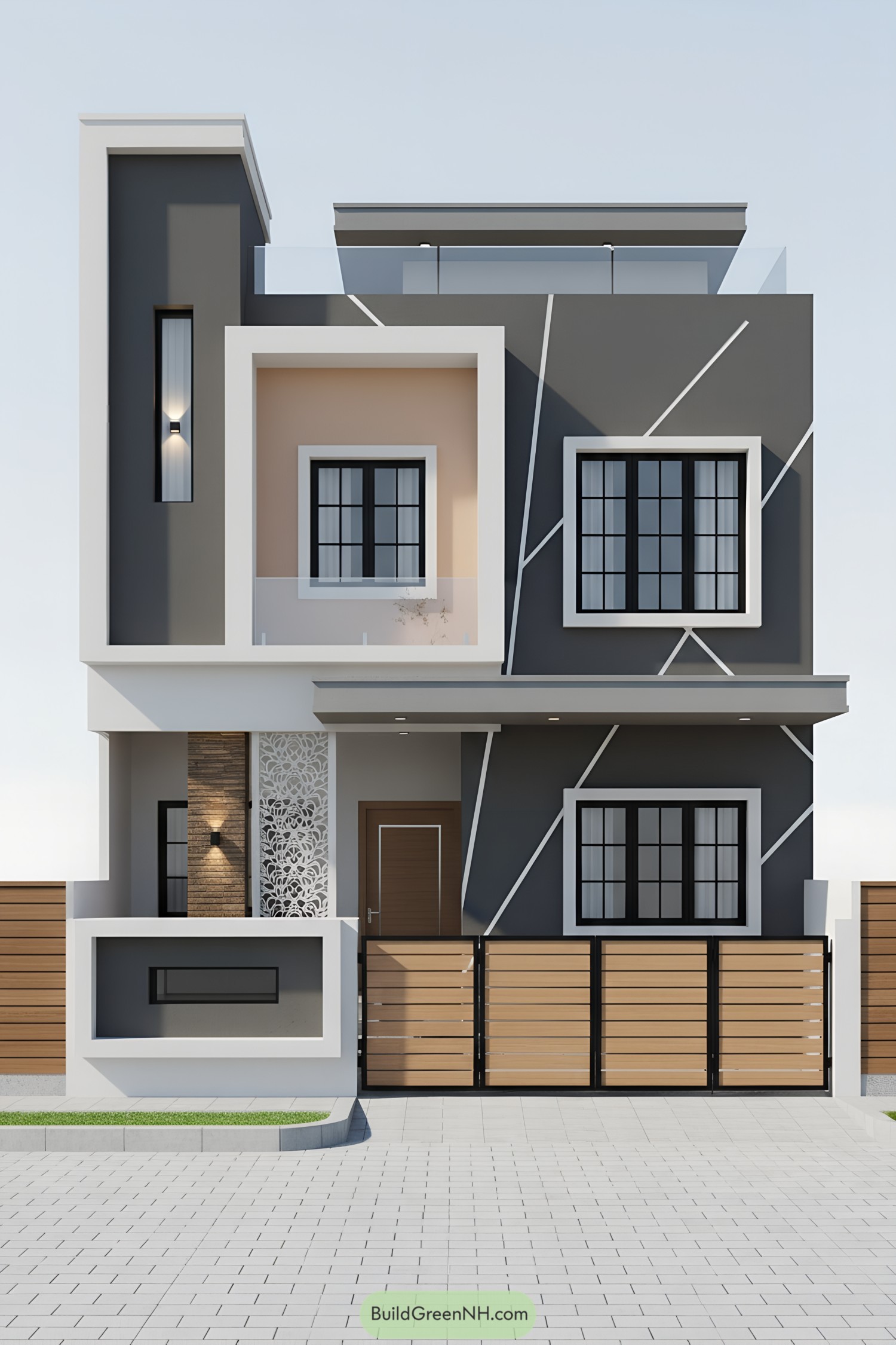Two-story modern g1 house with geometric facade, peach inset balcony, and wood-slat gate