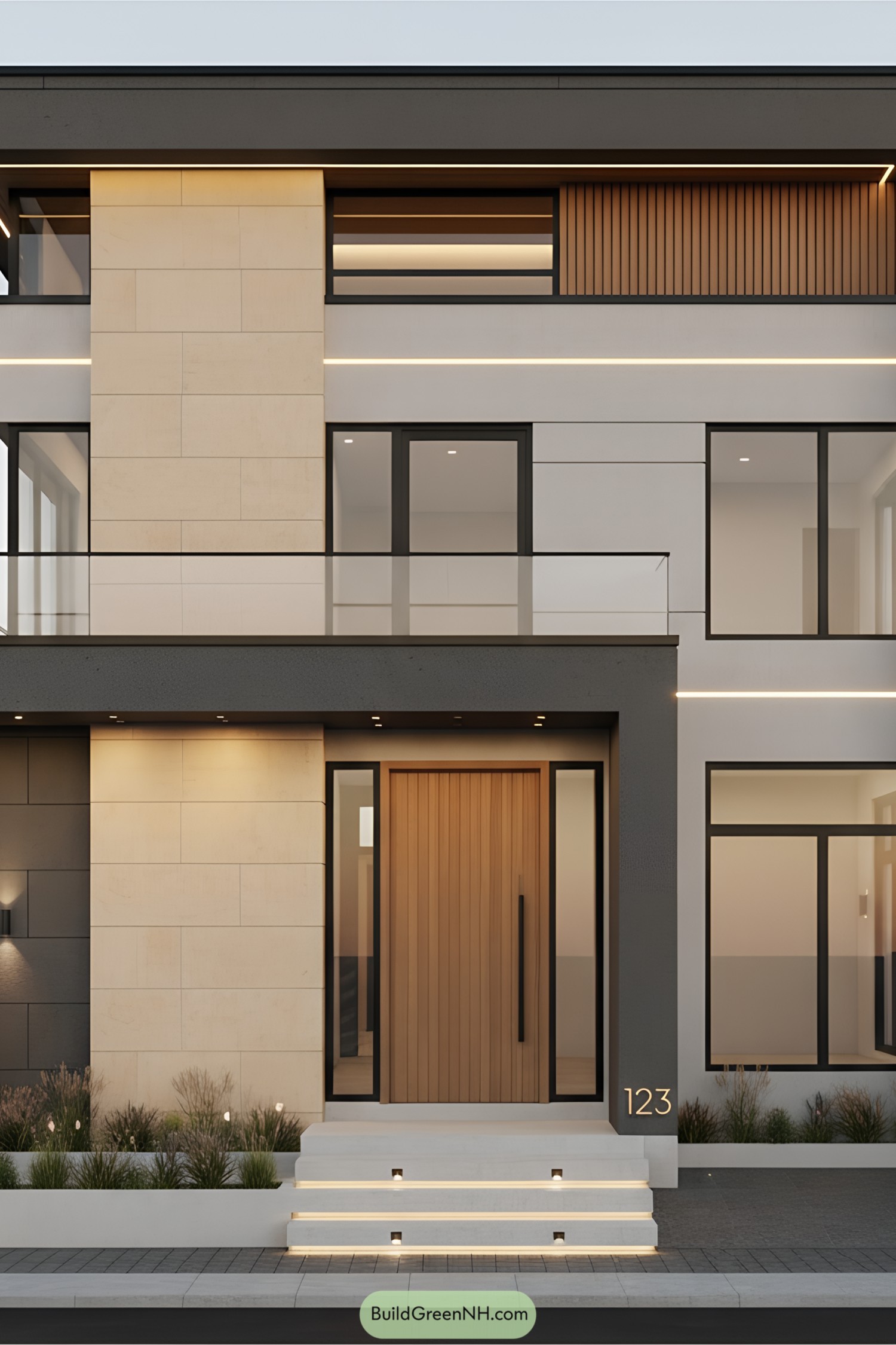 Modern G1 facade with stone, timber, and LED strips