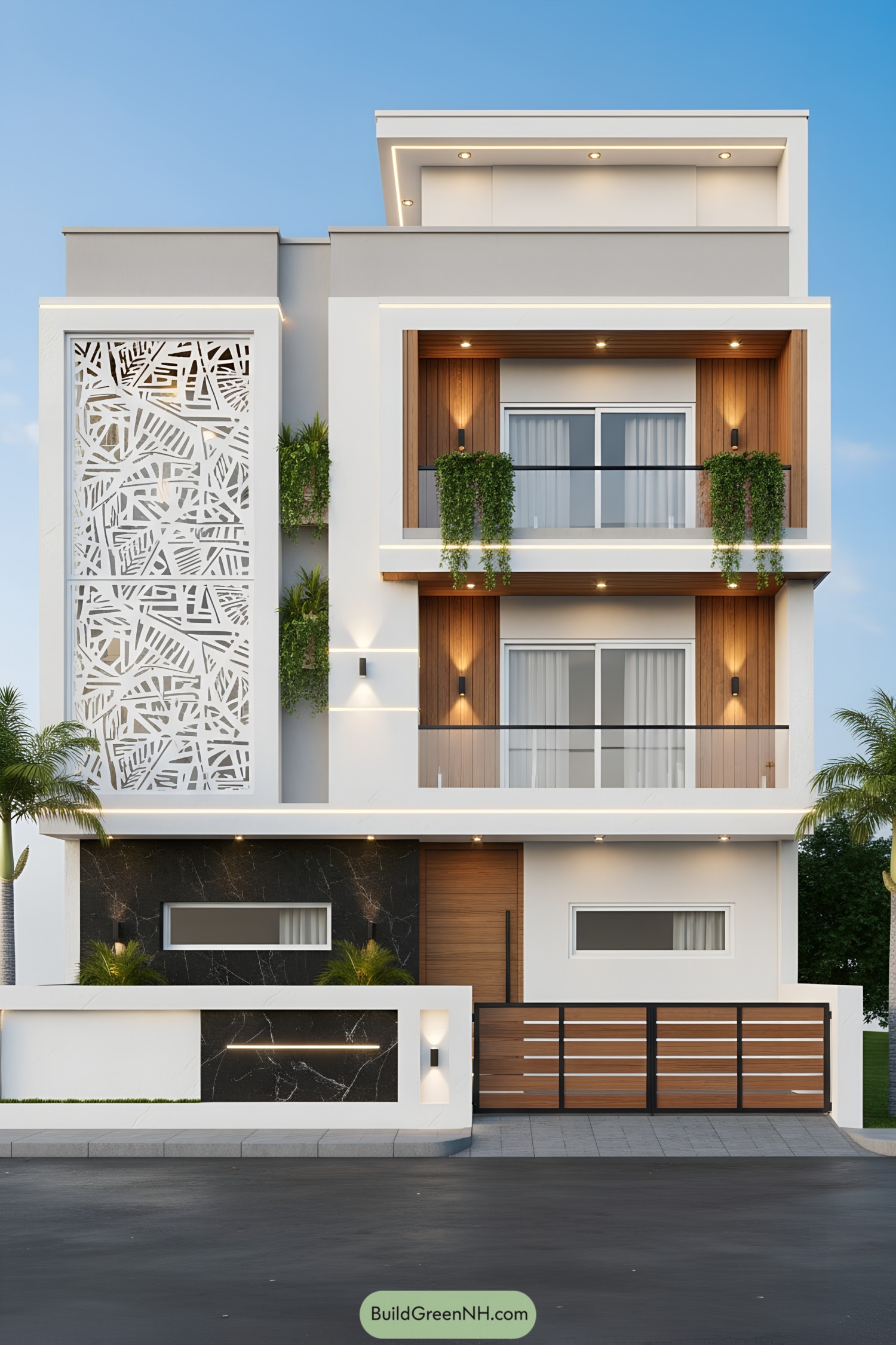 Modern three-story facade with laser-cut screen, wood accents, and greenery