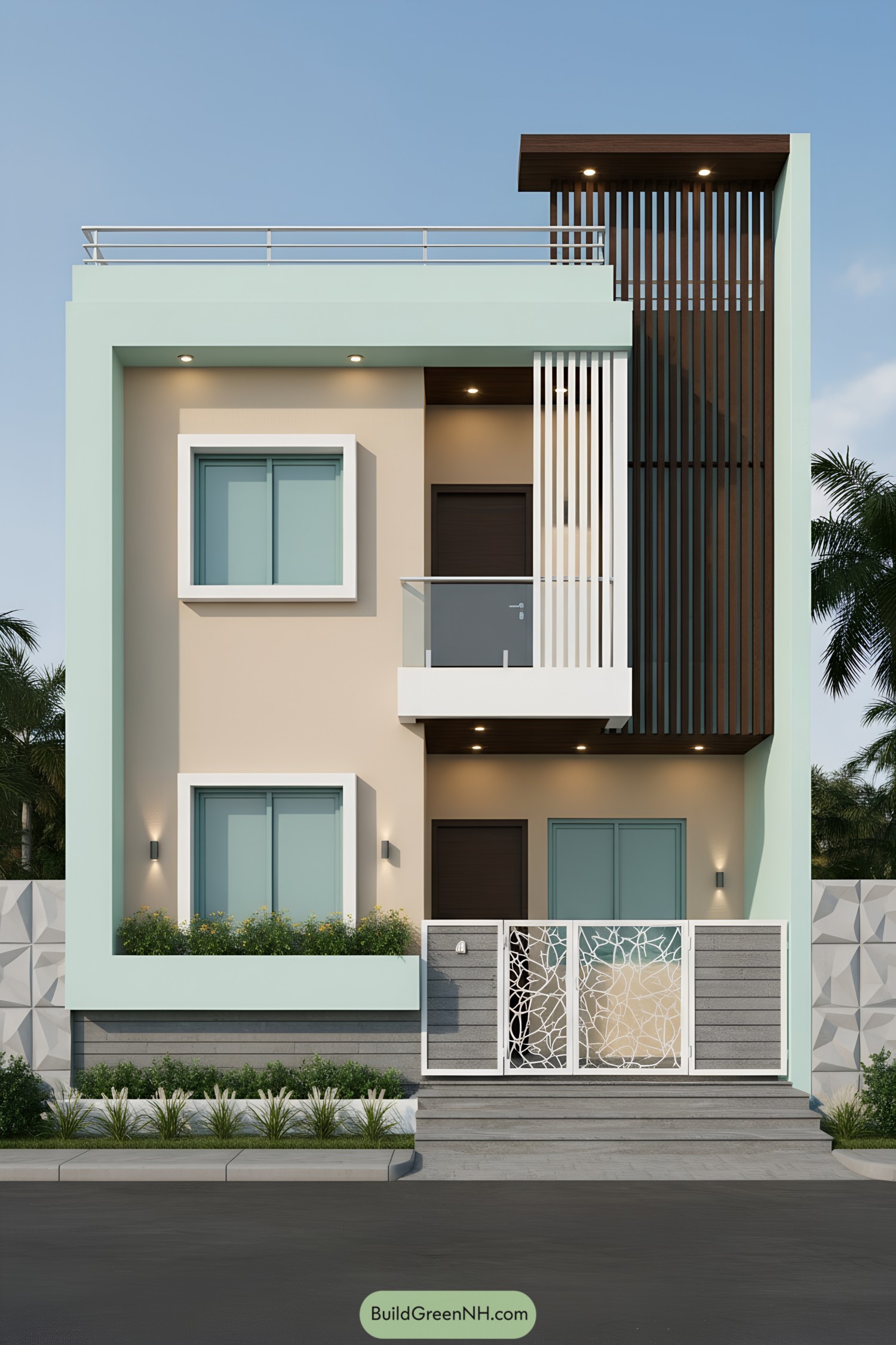 Modern two-story facade with mint frame, beige body, and vertical slat feature