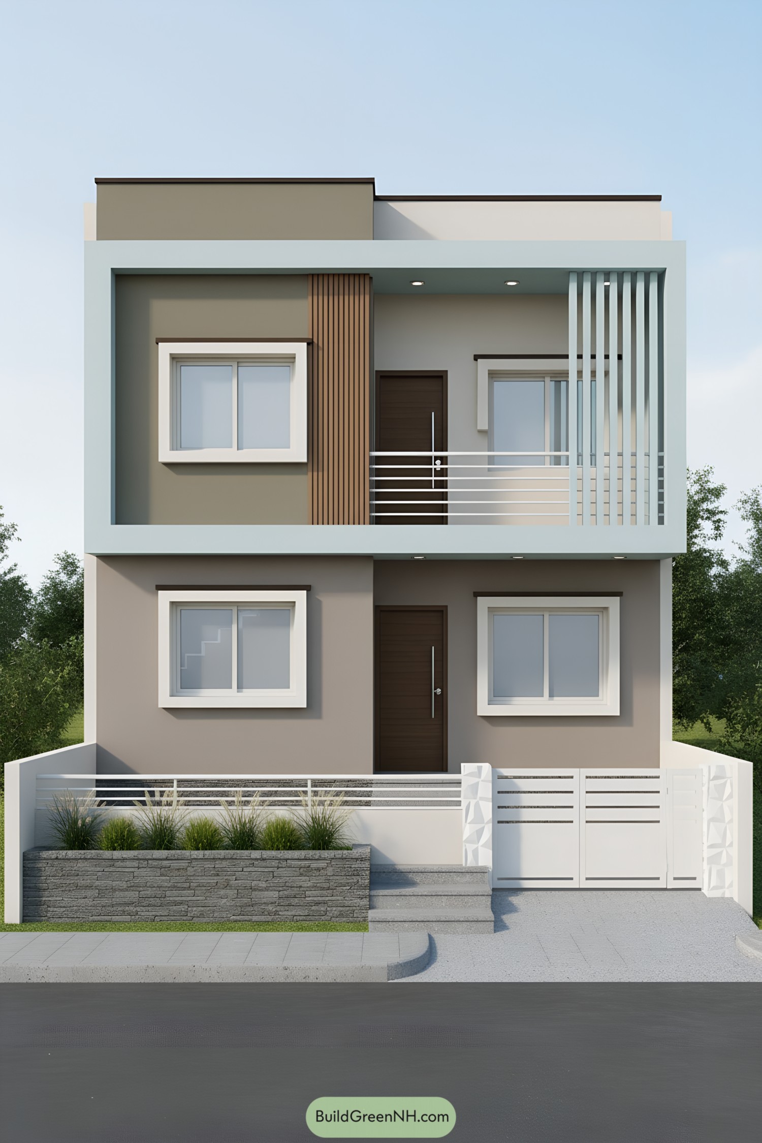 Two-story modern G1 house with muted taupe walls, mint perimeter frame, white windows, and vertical slat screen