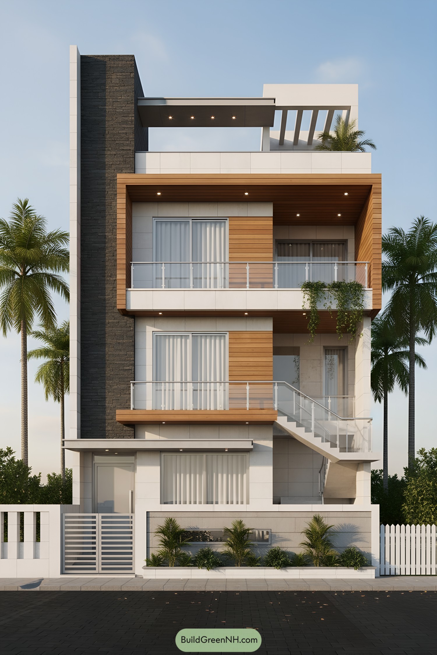 Modern three-story facade with wood, stone, and glass