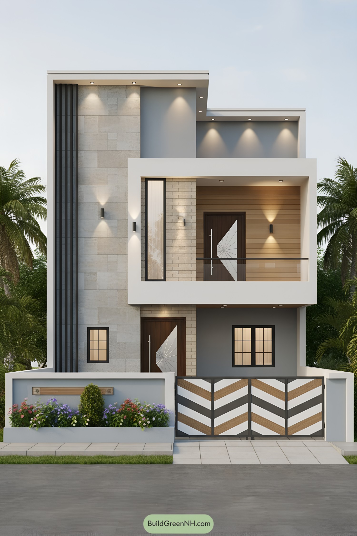Modern two-story facade with gray, stone, and wood accents