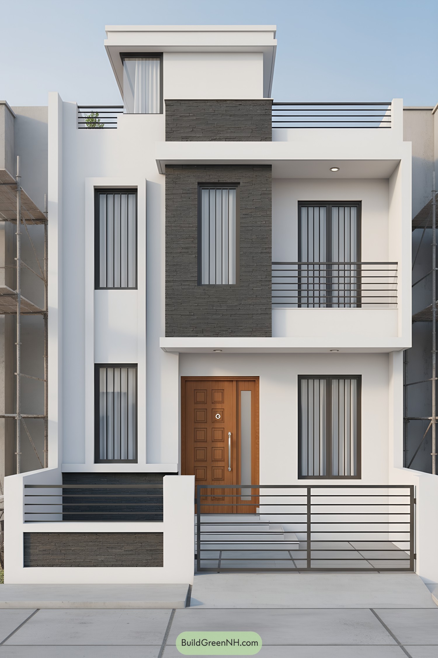 Modern white house with dark stone cladding and metal railings