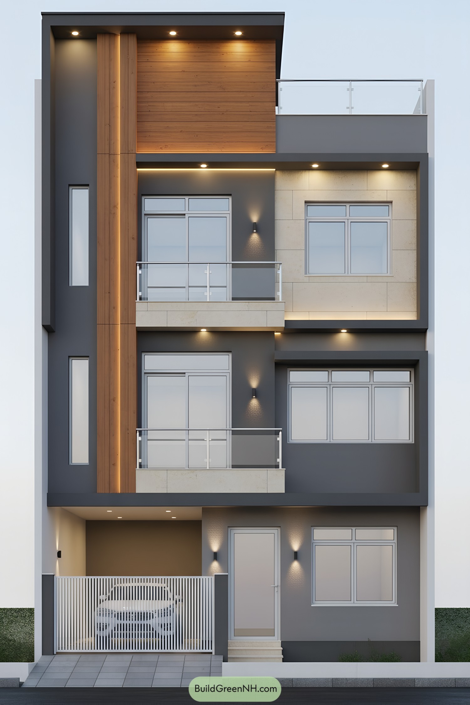 Modern three-story facade with wood and grey cladding, glass railings, and recessed lighting