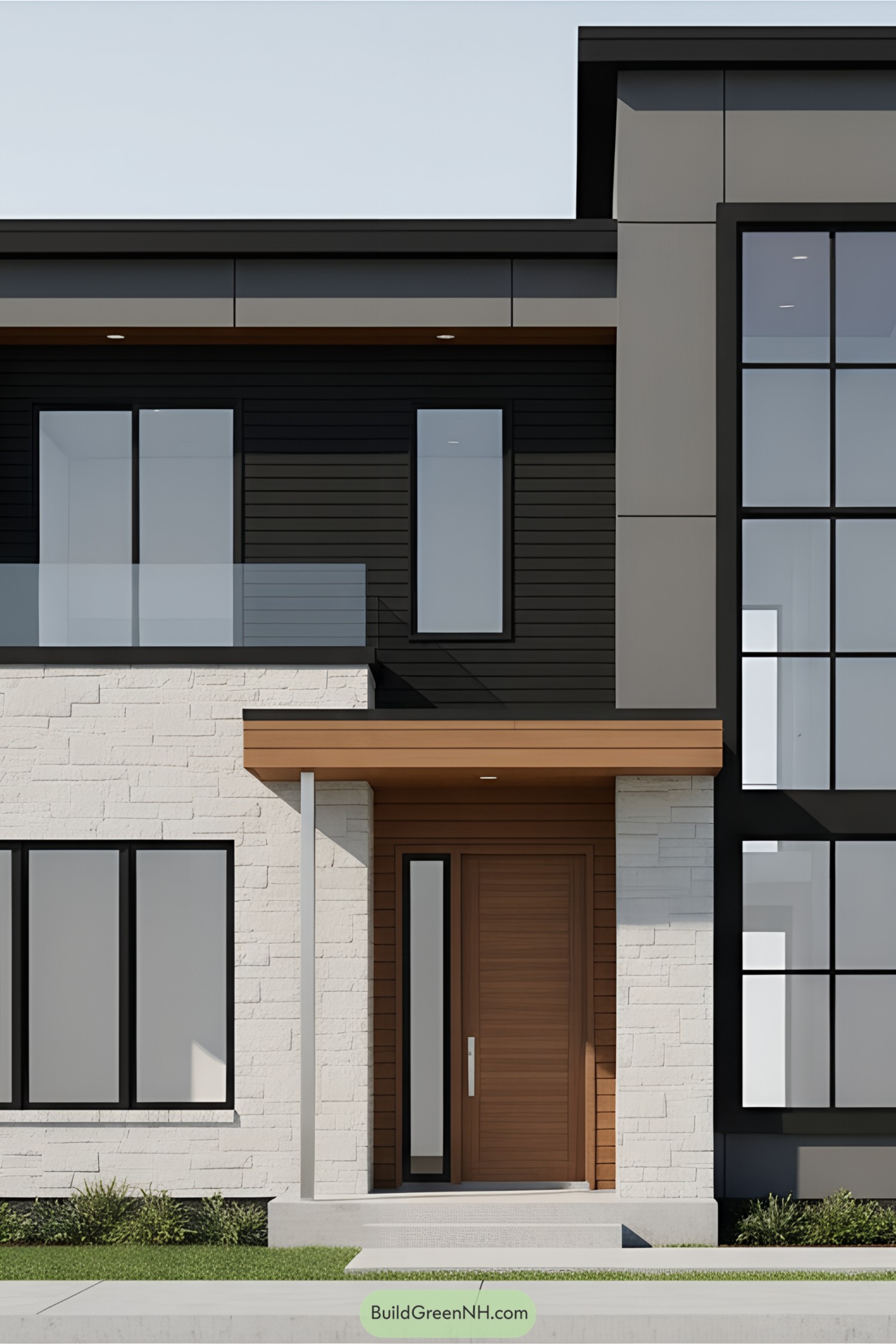 Modern house facade with cedar entry, black cladding, and pale stone