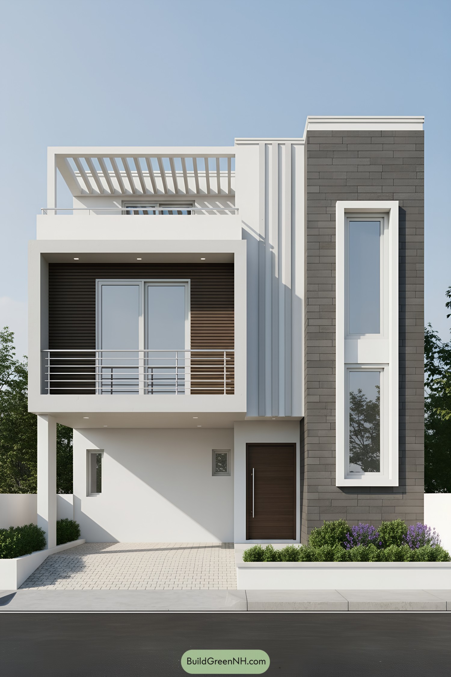 Modern two-story facade with pergola, balcony, and gray tile cladding
