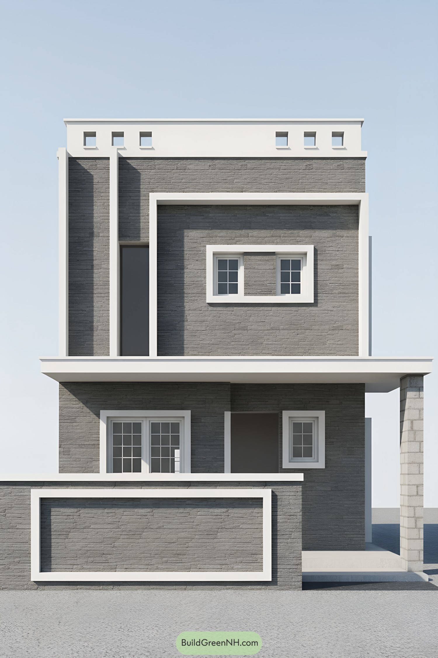 Modern gray stone facade with white trims