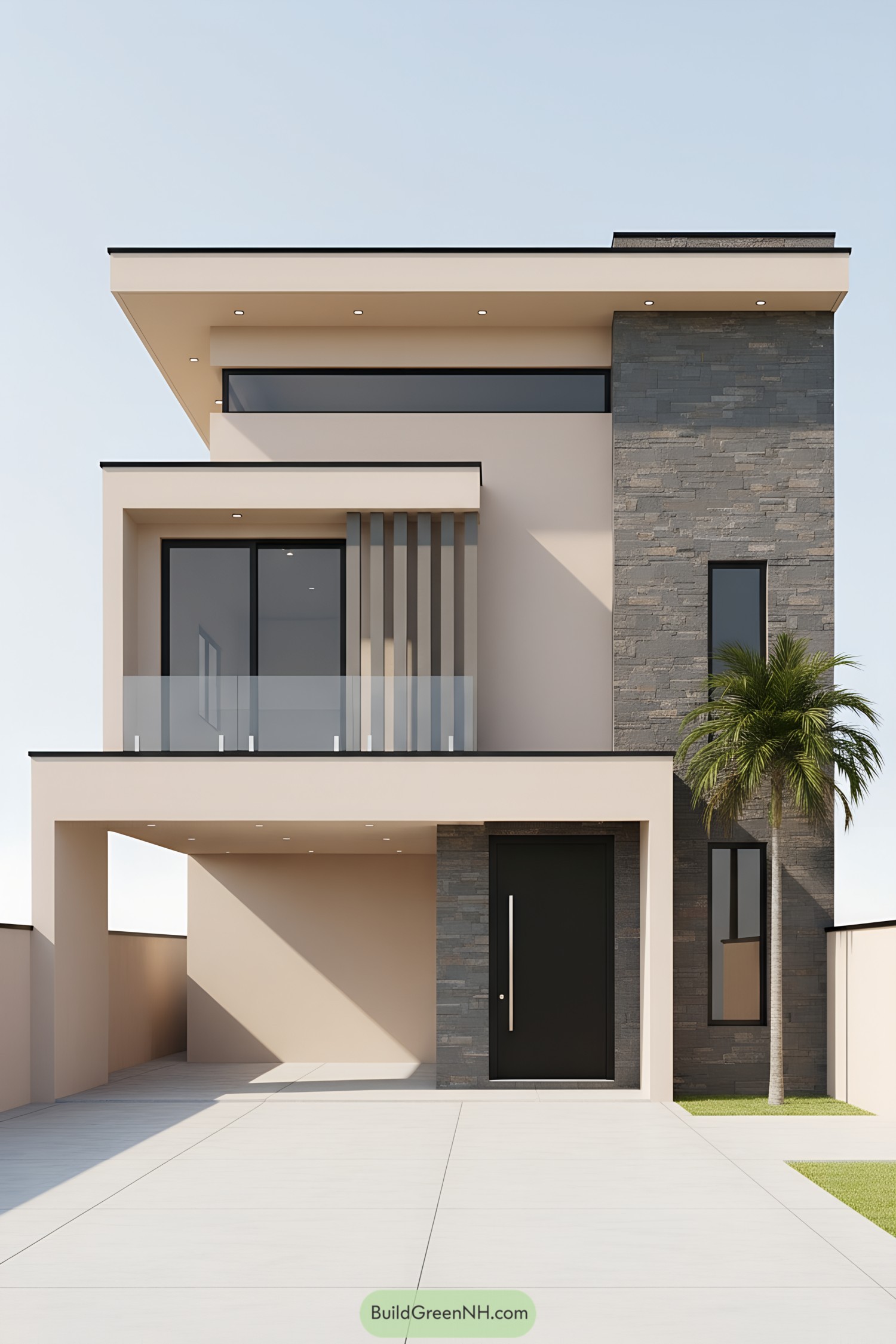 Modern two-story house with beige walls, charcoal stone cladding, glass balcony, and flat rooflines