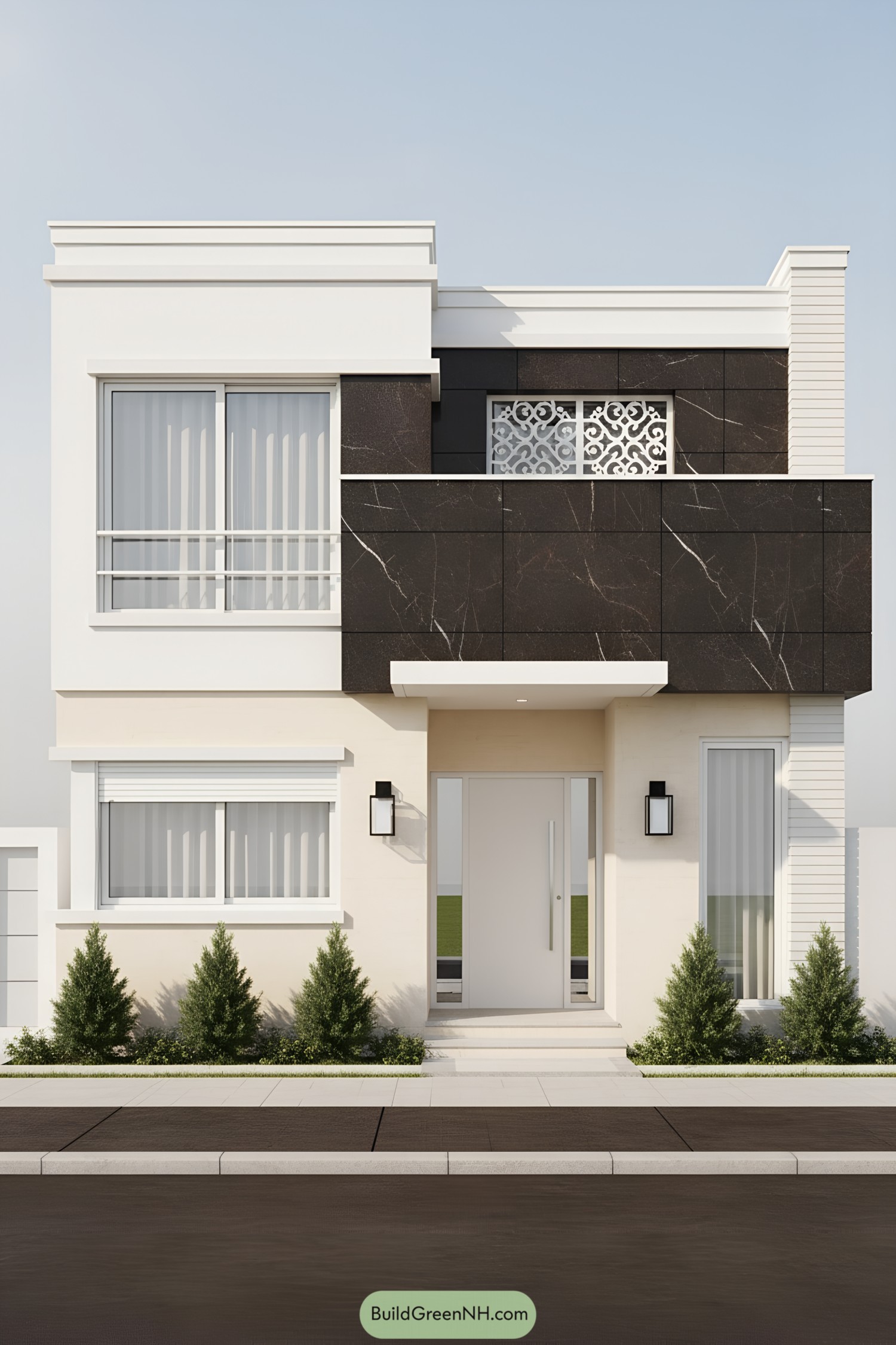 Modern two-story facade with dark stone panels and white accents