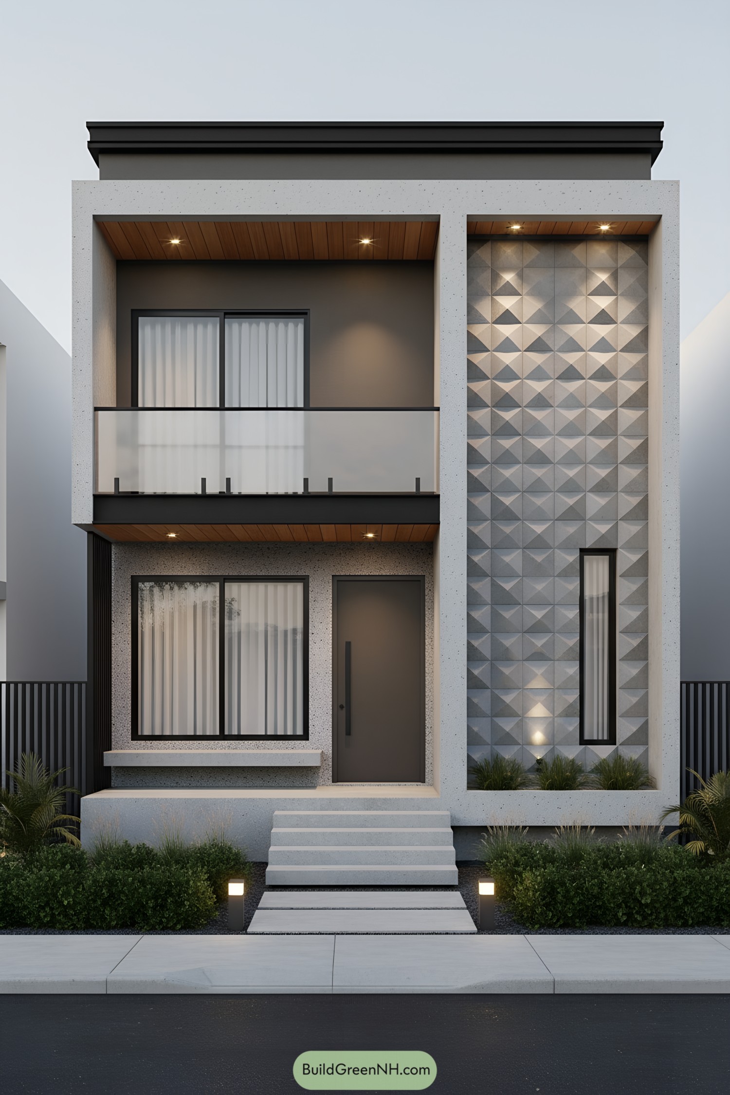Modern two-story facade with geometric tile panel, frameless glass balcony, and concrete portal frames
