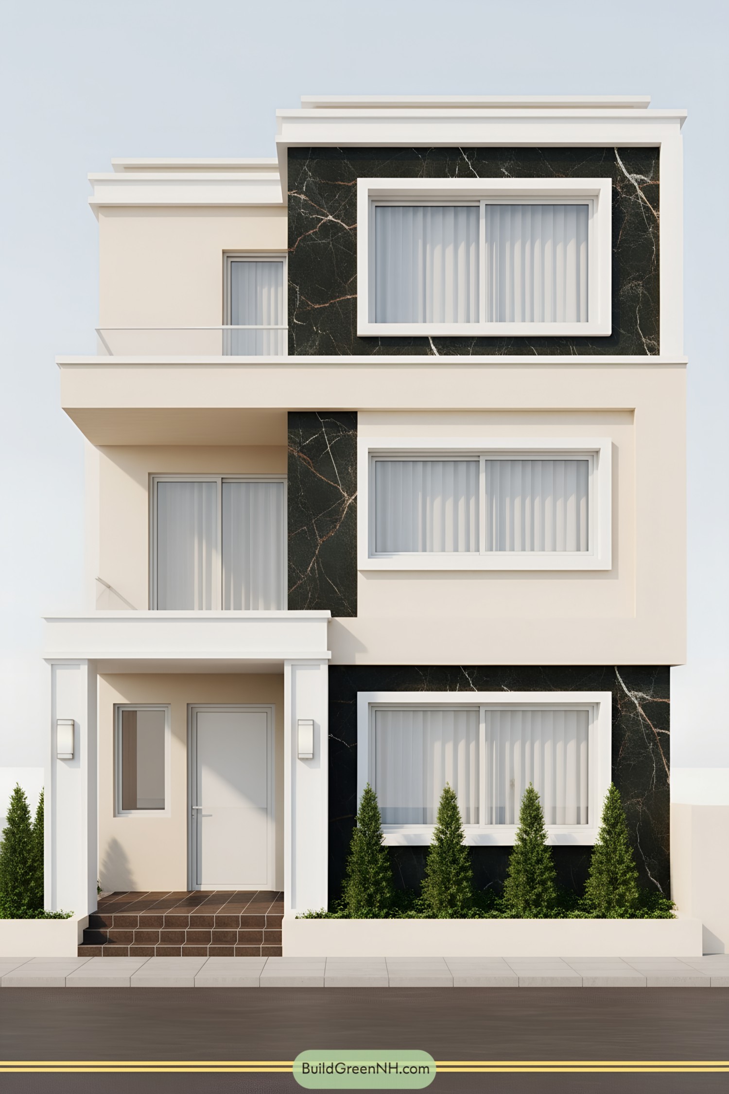 Contemporary house facade with black marble panels and cream plaster