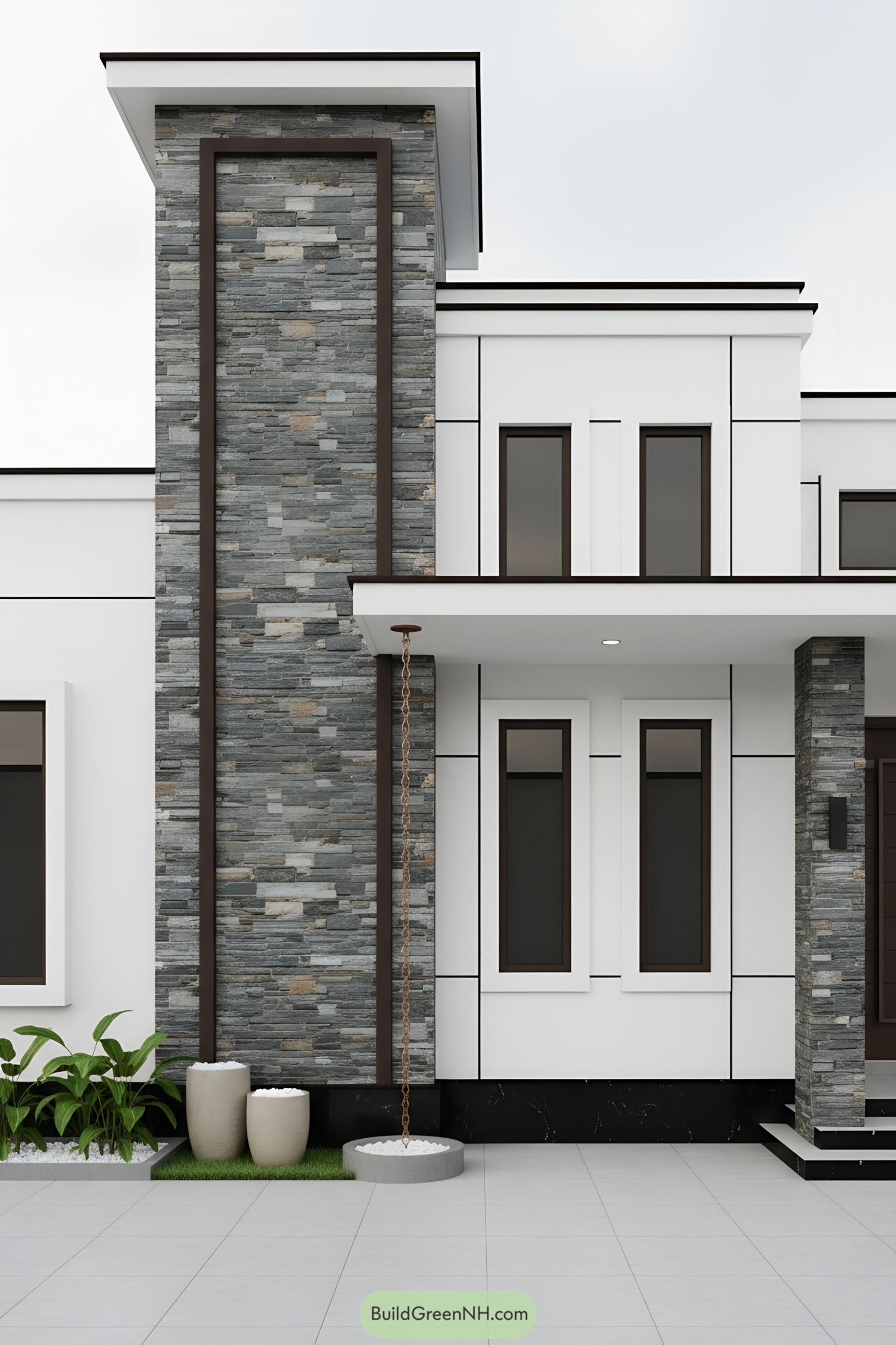 Modern facade with stacked slate and white panels