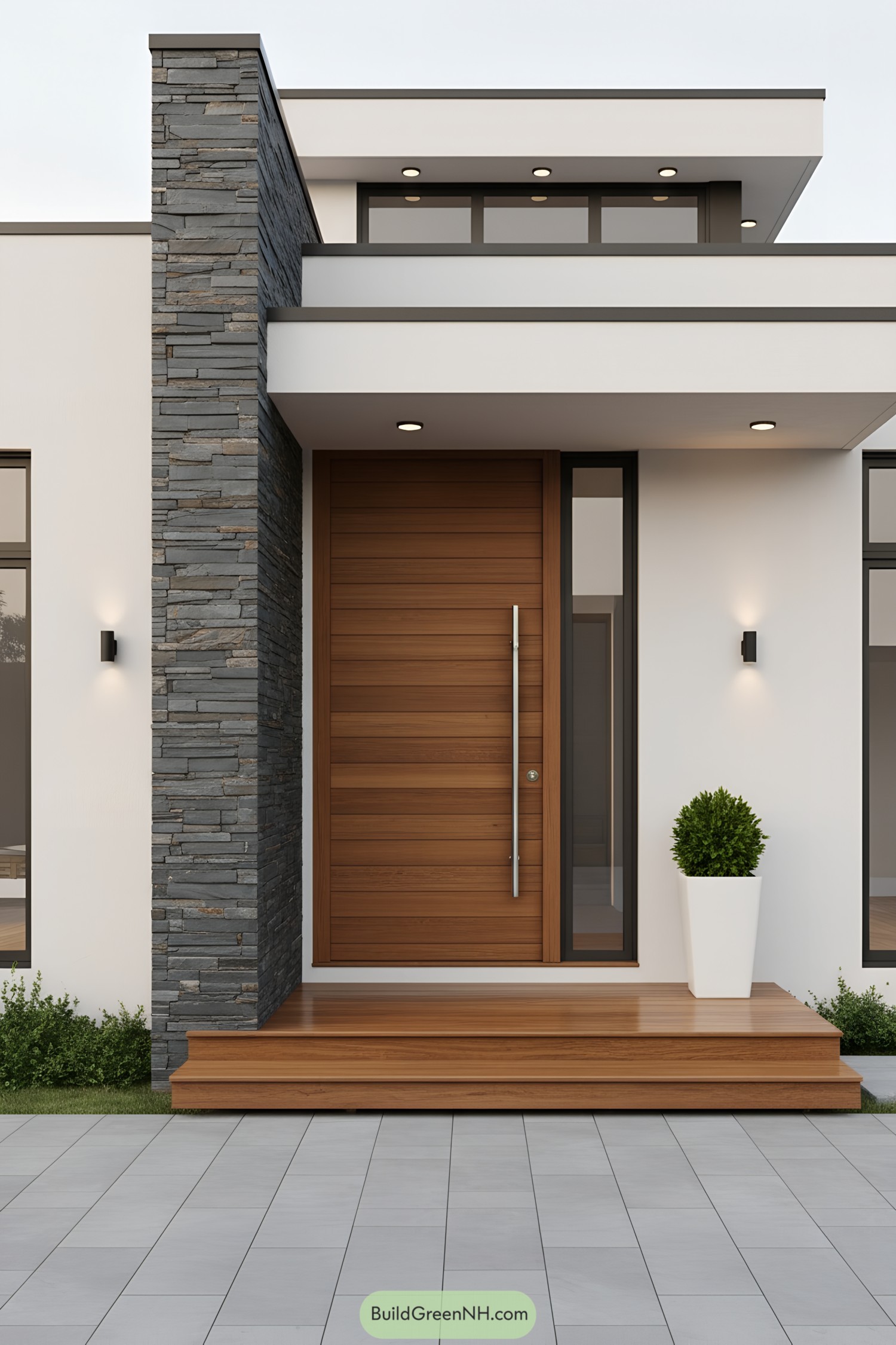 Modern entry with cedar door, slate column, and white facade