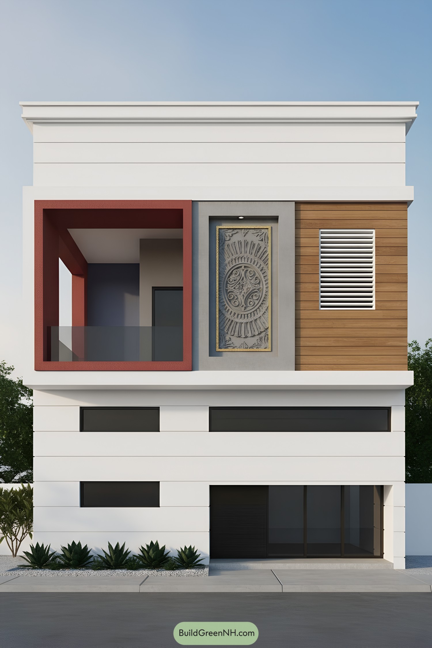 Modern white facade with red balcony frame, carved stone panel, and horizontal timber cladding