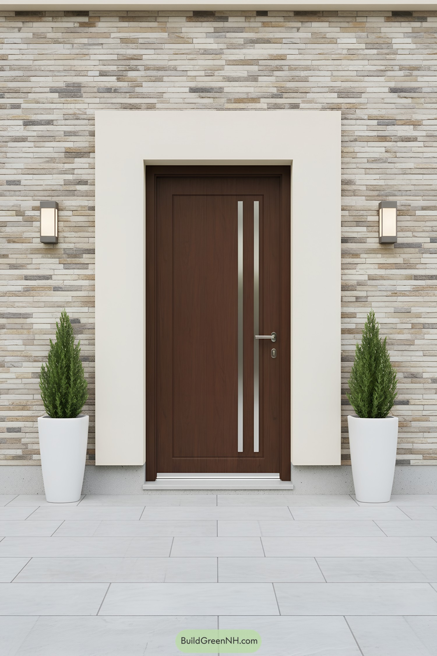 Modern entry with stacked stone cladding, walnut door, and white planters