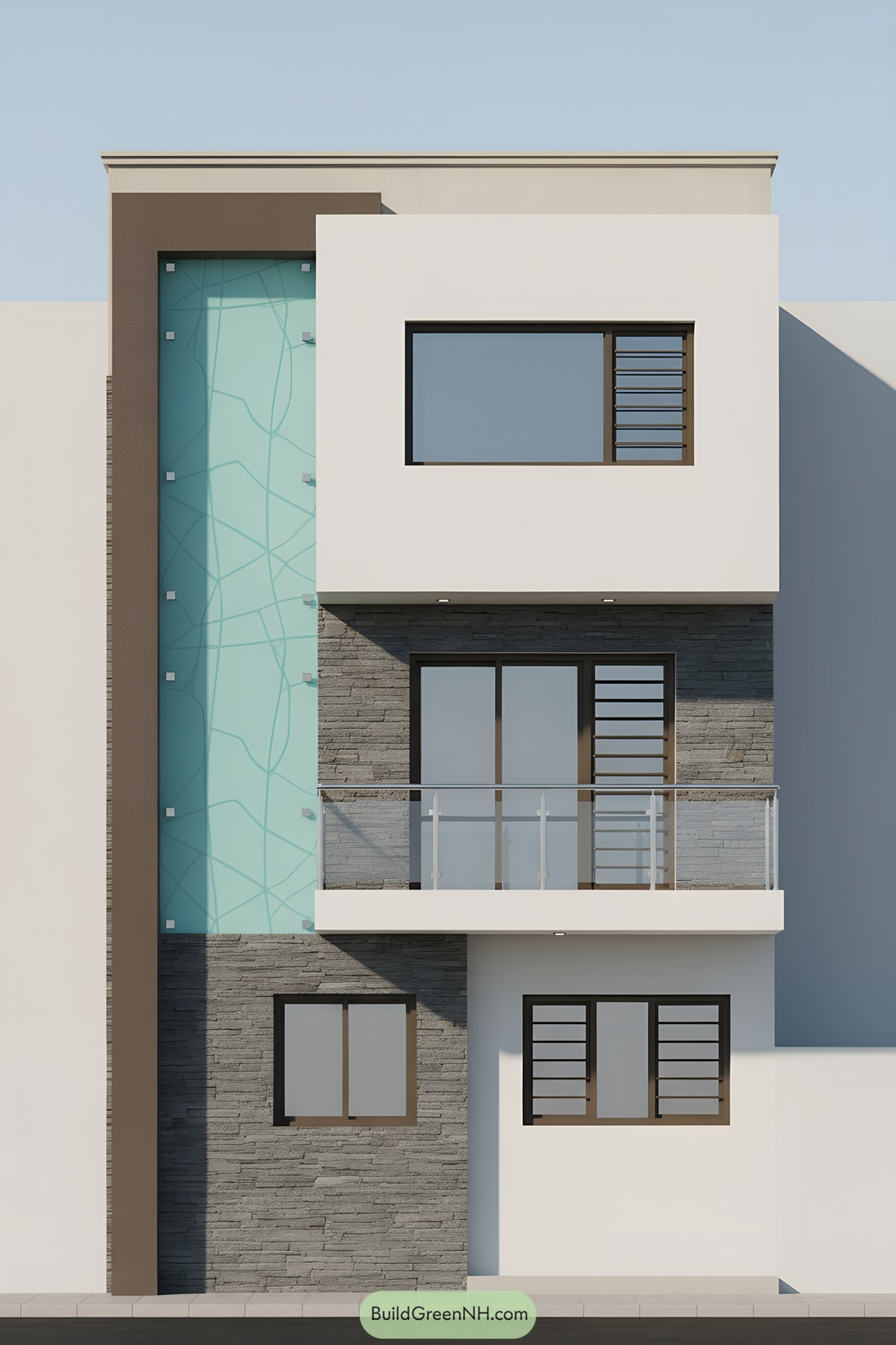 Modern facade with teal glass panel, white volumes, and gray slate cladding