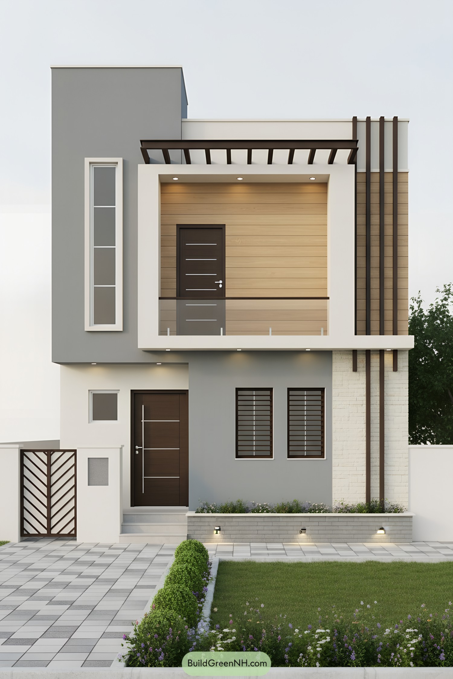 Modern two-story facade with grey, white, and wood accents, balcony pergola, and landscaped entry