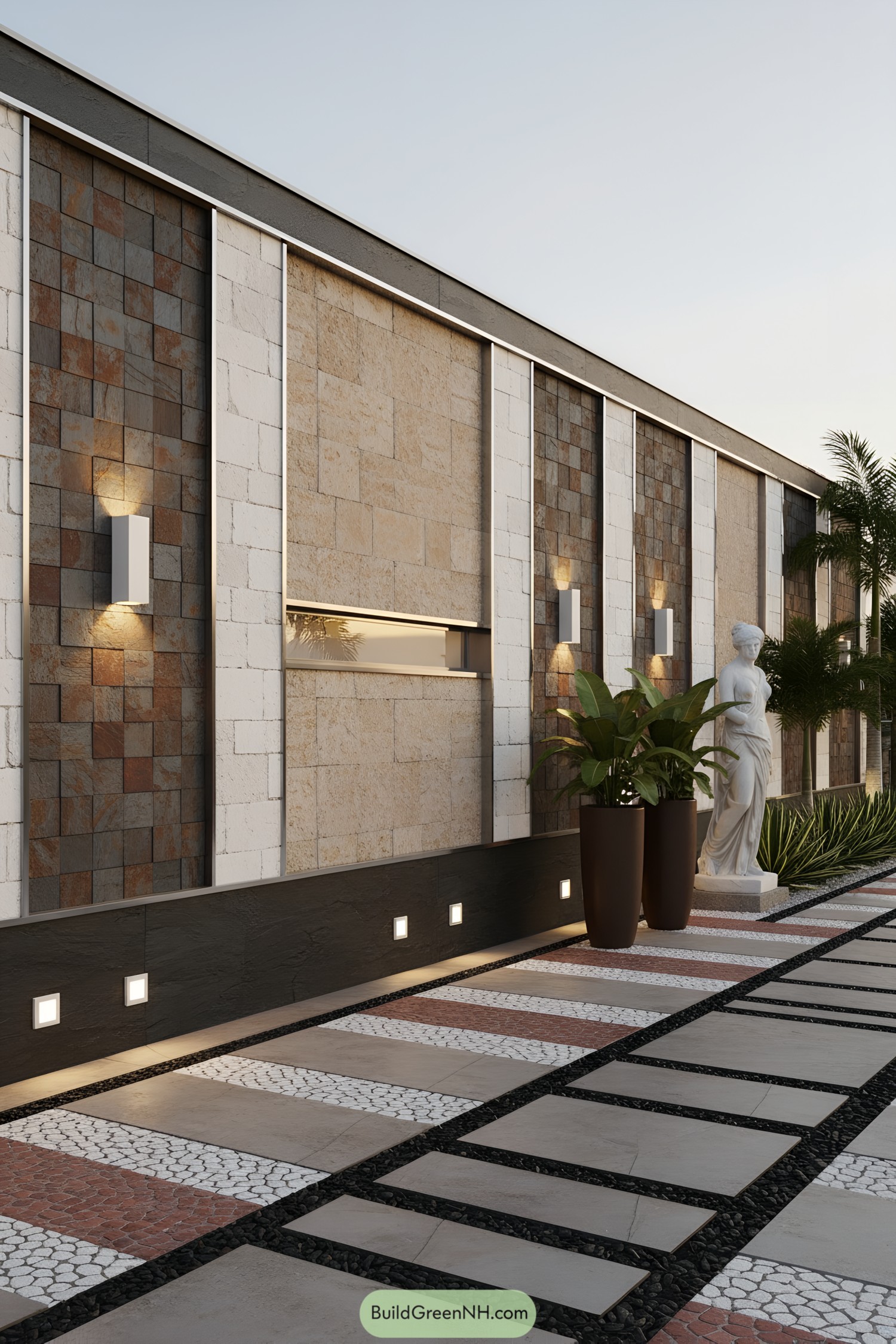 Modern stone-clad facade with accent lighting