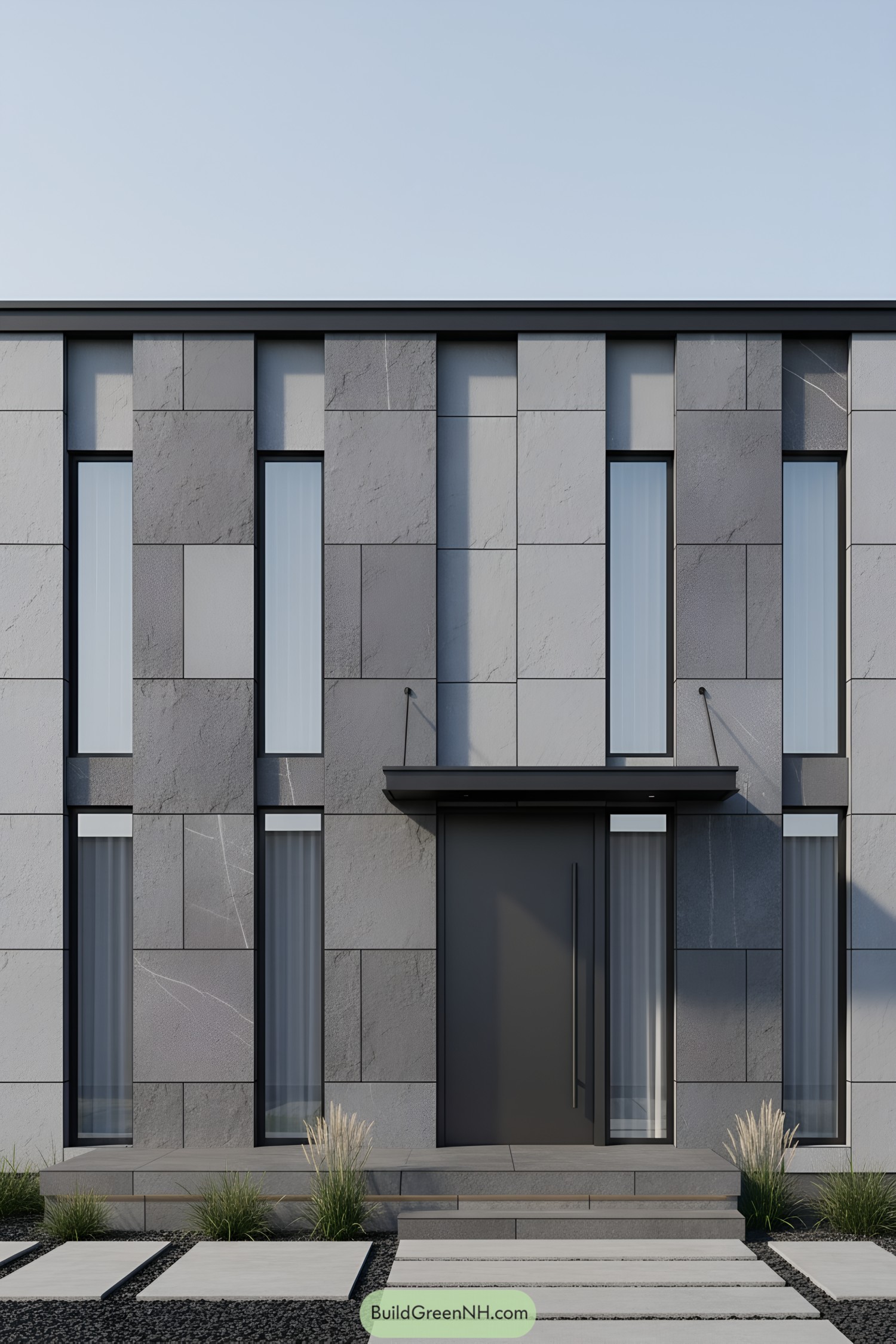 Modern slate-tiled facade with tall narrow windows