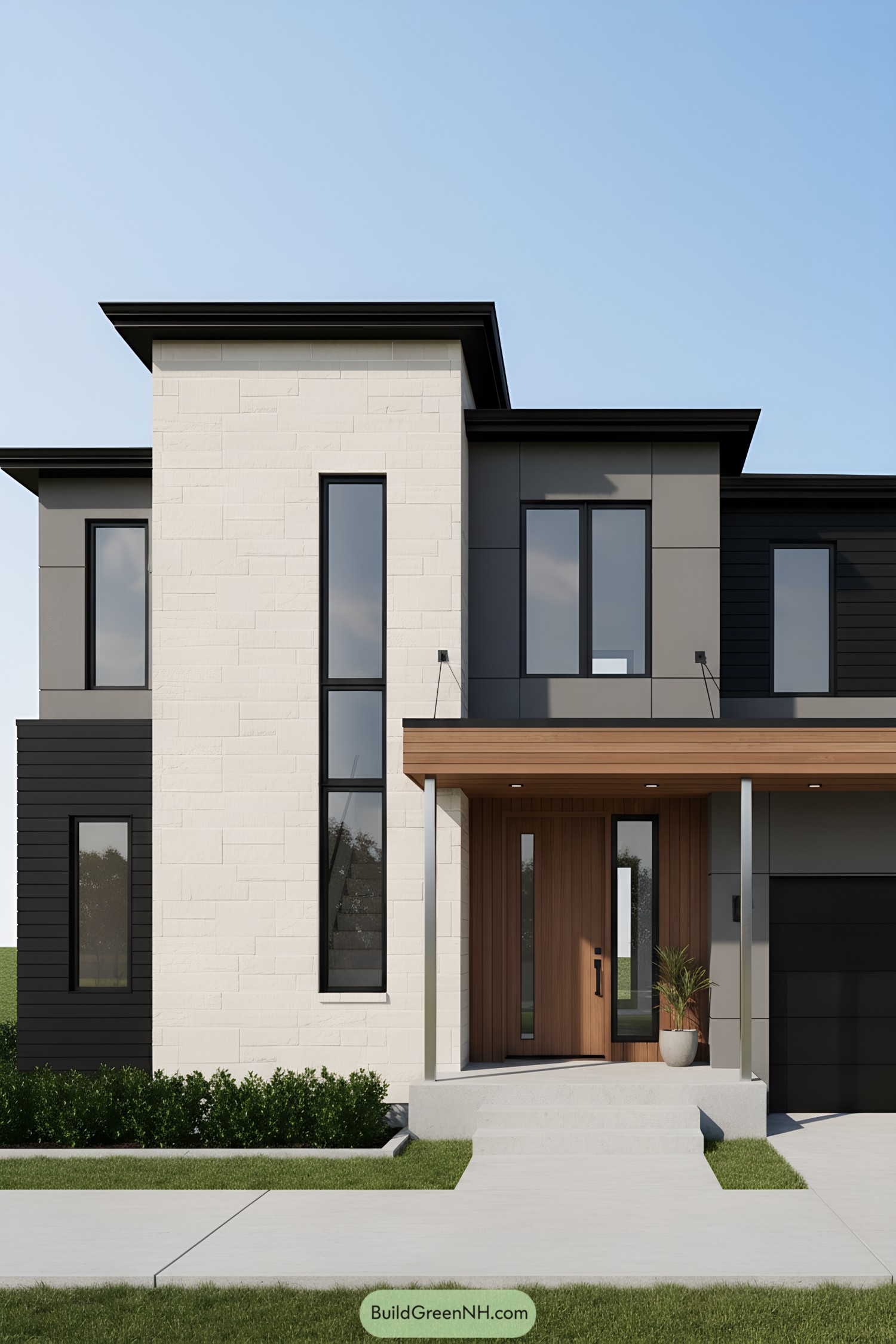 Modern facade mixing ivory stone, charcoal panels, and warm wood entry