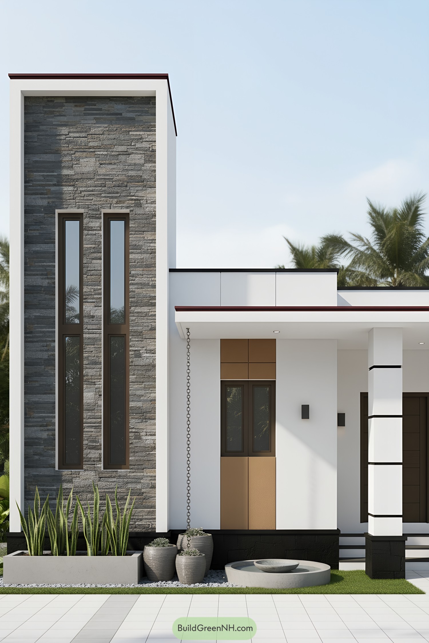Modern facade with slate tower and bronze panels