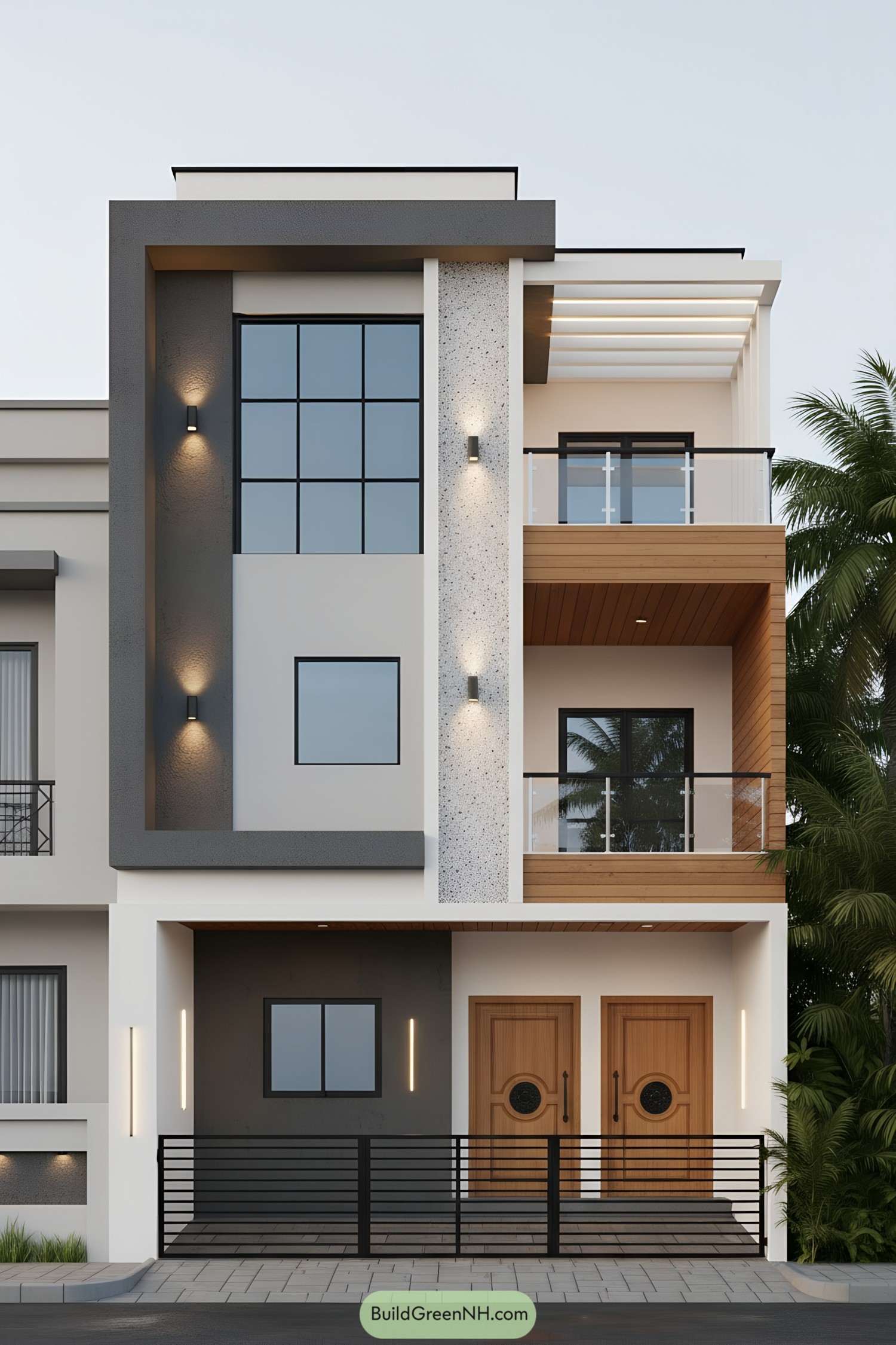 Modern facade mixing gray frame, terrazzo strip, and wood balconies