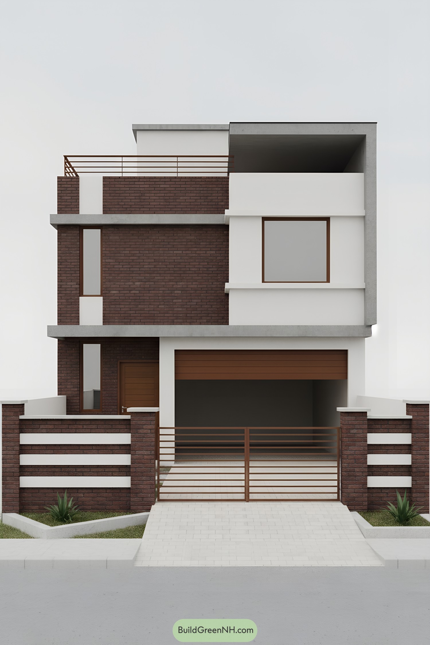 Modern house facade with brown brick, white stucco blocks, and sleek metal railings