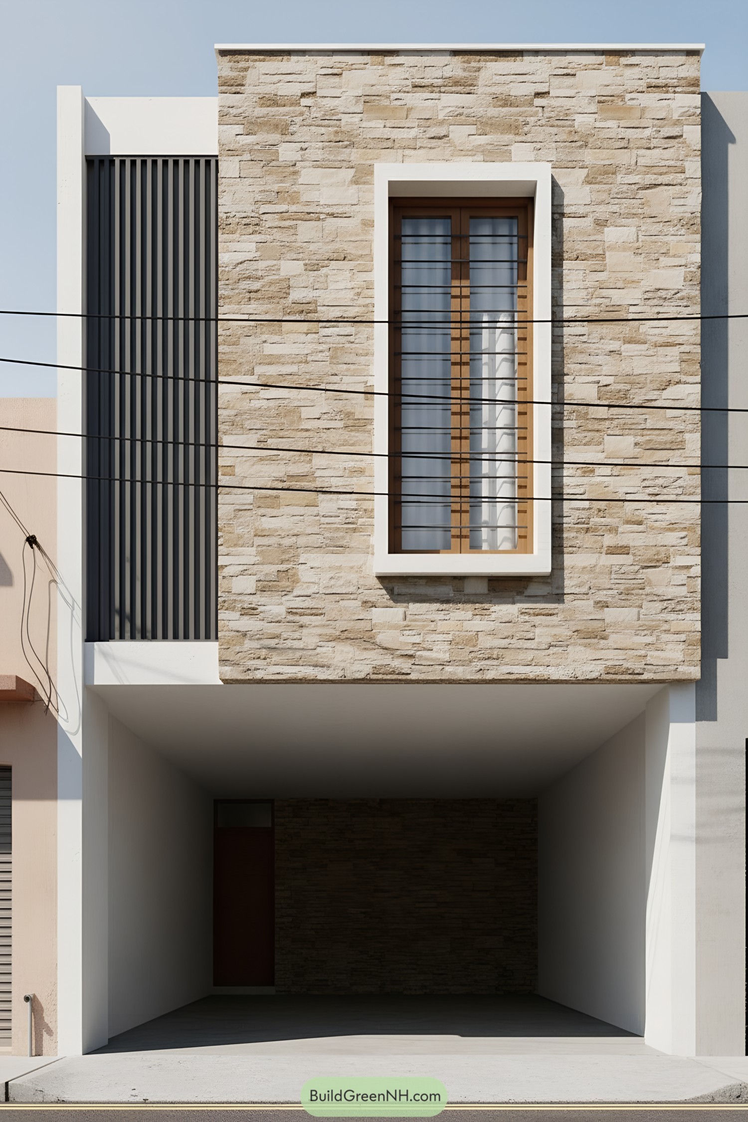 Modern facade with stacked beige stone, vertical charcoal louvres, and a recessed carport