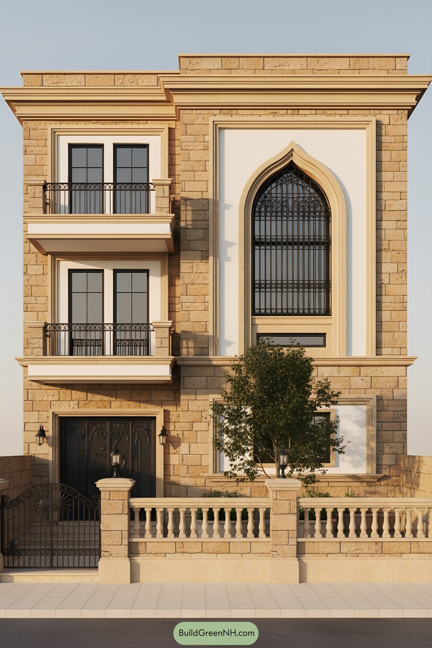 Warm sandstone-clad house with arched window grille and iron balconies