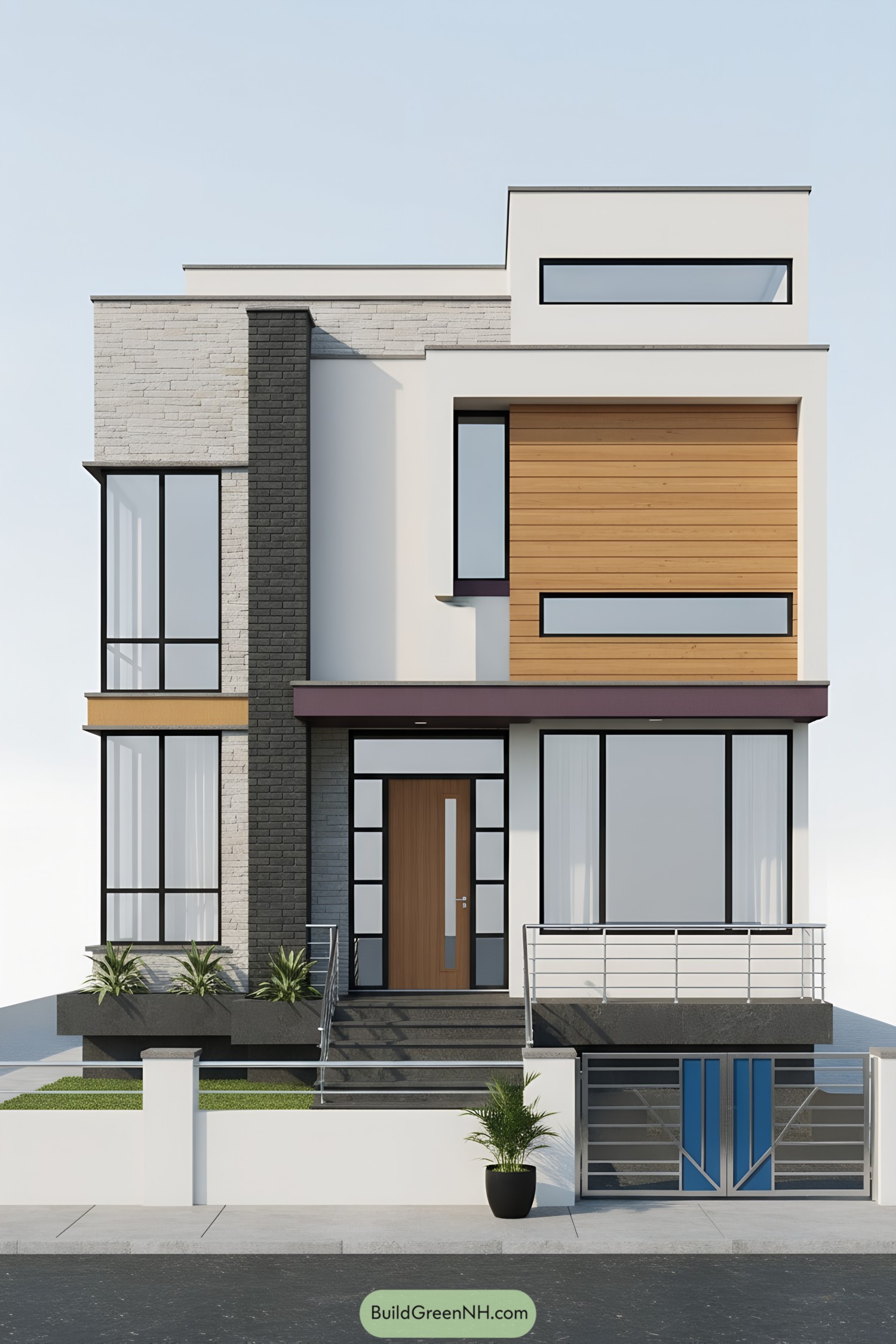 Modern house facade with cedar cladding, stone pillars, and large black-framed windows